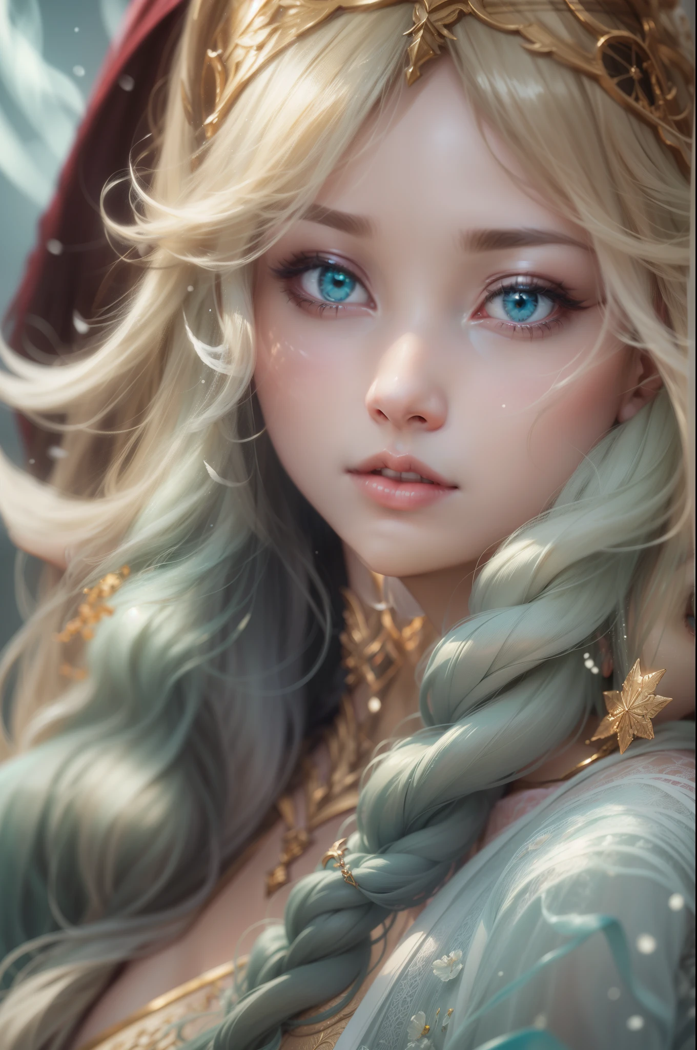 Set in a winter night with the mysterious Ice Queen、Beautiful woman in long red dress with green eyes and golden hair and golden details on background, clear facial features, detailed eye, Perfect face and Perfect Body, cinematic, Complex, 35mm lens, f/1.8 Enhancement Lighting, Ultra-realistic global lighting, so beautiful., underwater scene, ethereal, dream-like, pastel colour, flowing hair, digital painting, art station, conceptual art, soft, Sharp focus, art germ, 逸脱したアートとart stationのトレンド