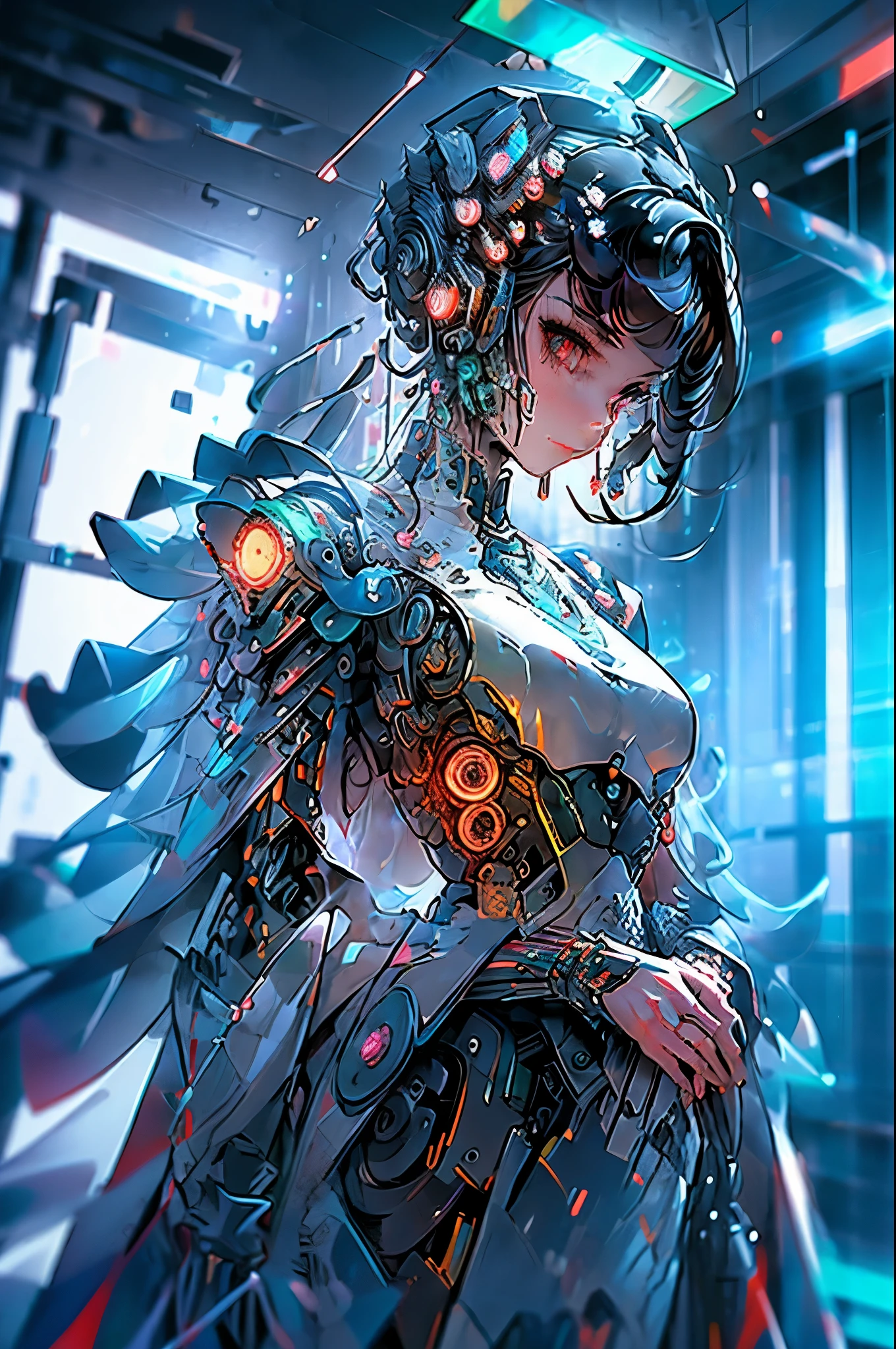 Unbeatable masterpiece, Ultra photo realsisim, Perfect Artwork, Intricate details, Best Quality, strong lights,High contrast,((Post apocalyptic futuristic Cyberpunk , outline):1.35) , ((masterpiece)),((Extremely detailed)) , ((extremely detailed and beautiful face)) , Smoky makeup, Perfectcomposition , intricate detailes , neon light , neon trim, (full body Esbian:1.25) , (Official art) , Very delicately beautiful cyberpunk girl, long orange colored hair blowing in the wind, vibrant blue eyes, long detailed eyelashes, huge enormously gigantic tits, cleavage showing, wearing highly detailed futuristic hooded battle armor, tons of tattoos and piercings(1girl:1.3) , Solo , (glass screen:1.2) , (Clear glass) , Tindall Effect , Colorful refraction , visual impact , (High light contrast) , Colorful , Melt , (Cyberpunk:1.2) ,(flinch :1.4) ,