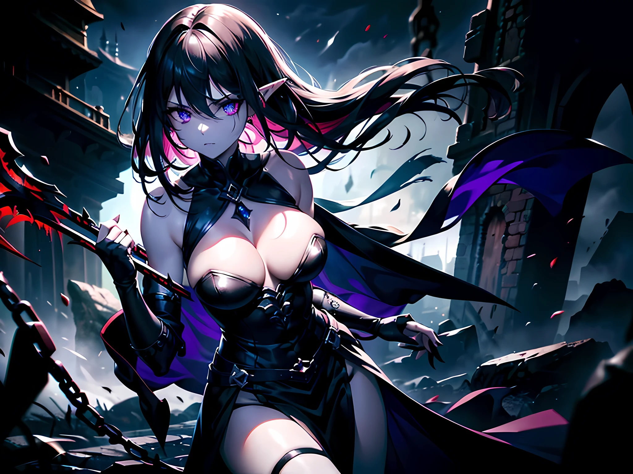 (best quality,4k,8k,highres,masterpiece:1.2),ultra-detailed,realistic,photorealistic:1.37,dark fantasy,action,elf. Female dark elf with mesmerizing violet eyes, revealing outfit and captivating,huge breasts, wide shot, sharp features, confidently holding a deadly scythe in her slender, well-toned hands. Her raven-black hair flows gracefully behind her, adding a touch of mystique to her overall allure. The battlefield is drenched in blood, with lifeless bodies scattered across the desolate landscape. The sky is dark and ominous, creating an atmosphere of impending doom. The army of the dead surrounds her, their decaying forms pressing in from all sides. Mist and shadows envelop the scene, adding an eerie and haunting feel. Faint tendrils of magic emanate from the dark elf's fingertips, signaling her mastery over the arcane arts. The chains that wrap around her body suggest a past filled with battles and triumphs. The scythe in her hands glints menacingly, its wicked blade reflecting the harsh light of the moon. The colors are rich and vibrant, with deep shades of purple, black, and red dominating the scene. The lighting is dramatic and emphasizes the contrast between light and shadow. This masterpiece seamlessly combines elements of fantasy, darkness, and adventure, capturing the essence of a female sexy dark elf adventurer in a bloodsoaked battlefield, surrounded by the army of the dead.