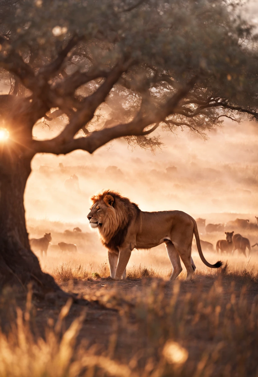 cinematic film still {A film shot featuring a serene moment in a realistic, sprawling African savannah at dawn, a pride of lions resting under an acacia tree, warm sunrise colors bathing the scene, shot with a Nikon D3, Focal length 70mm} . shallow depth of field, vignette, highly detailed, high budget, bokeh, cinemascope, moody, epic, gorgeous, film grain, grainy