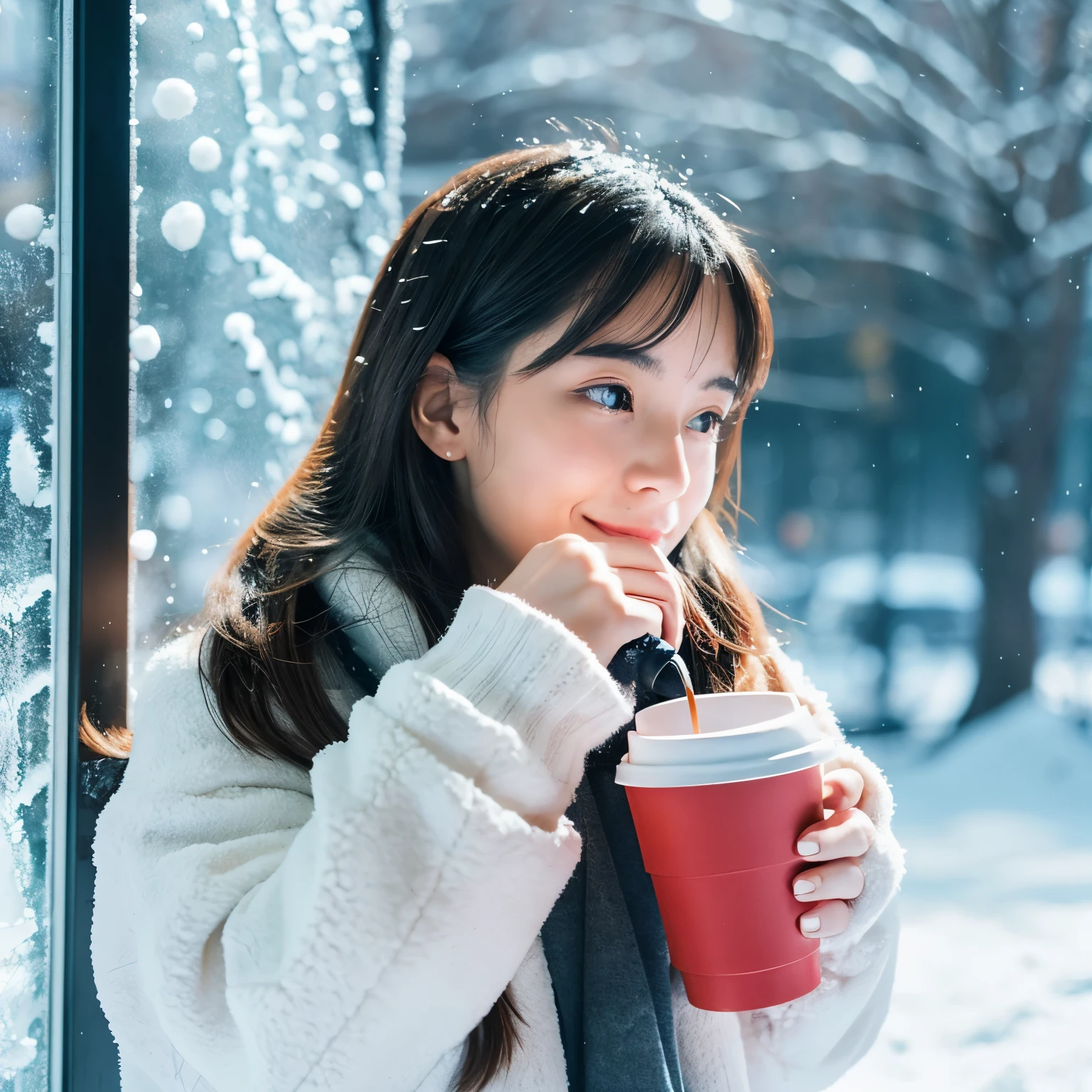 Girl drinking coffee by the snowy window