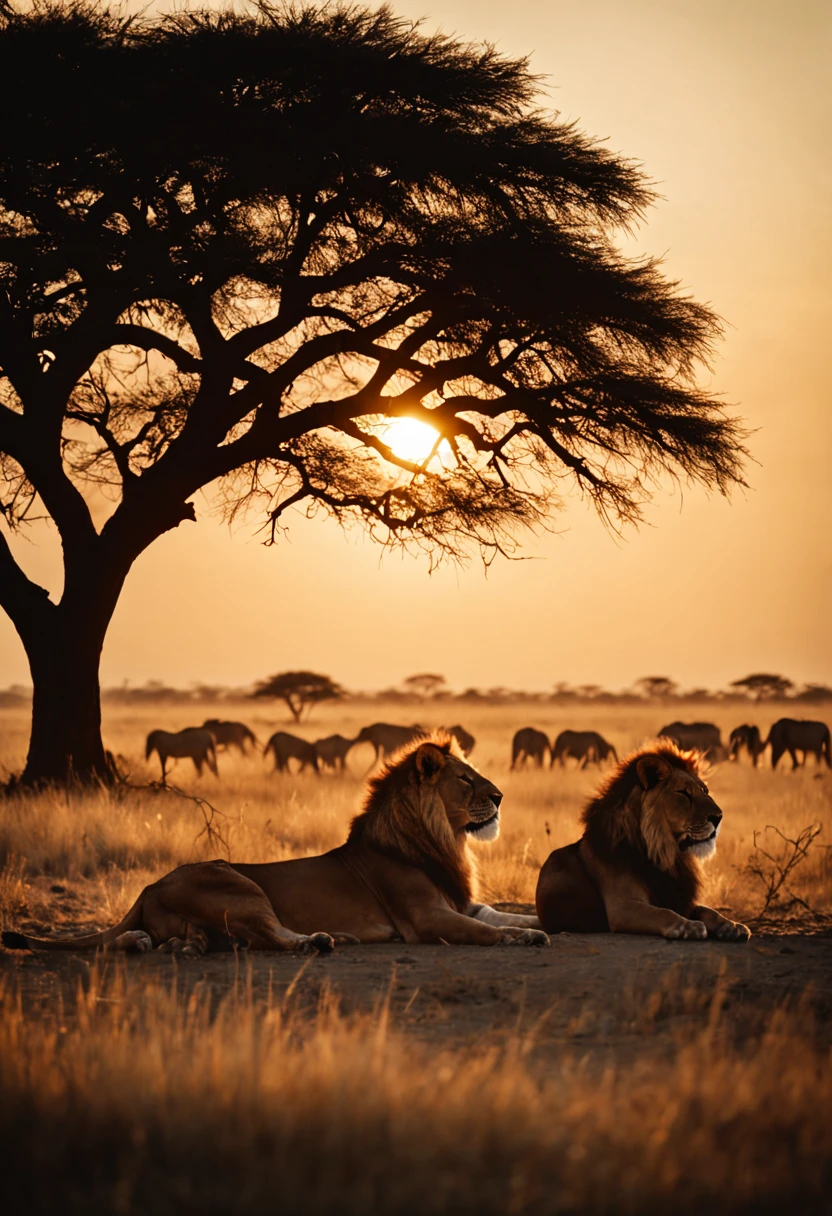 cinematic film still {A film shot featuring a serene moment in a realistic, sprawling African savannah at dawn, a pride of lions resting under an acacia tree, warm sunrise colors bathing the scene, shot with a Nikon D3, Focal length 70mm} . shallow depth of field, vignette, highly detailed, high budget, bokeh, cinemascope, moody, epic, gorgeous, film grain, grainy