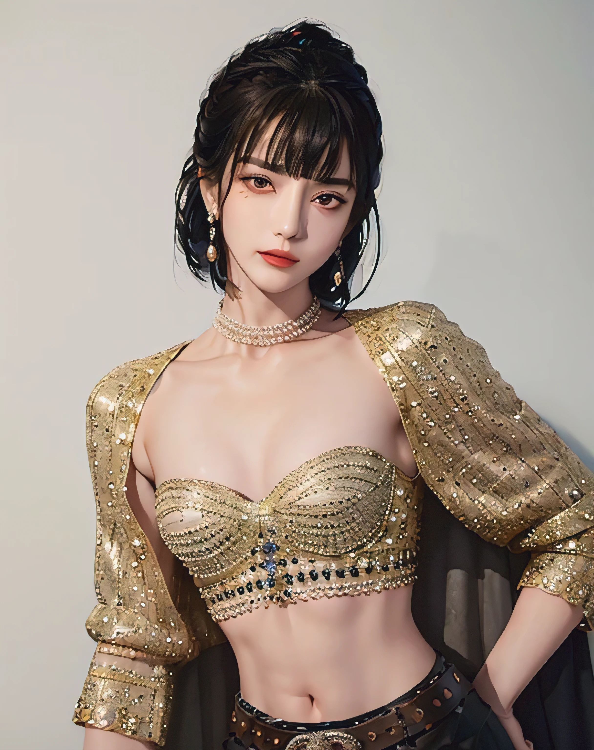 (masterpiece, best quality, 1 girl, alone, intricate details, Color difference), (actual),(skin), ((breathe)),(black hair,blunt bangs),Detailed hair, red headdress, Blue highlights, hair covering one eye,black eyes, small earrings, keen vision, collar,((black crop top )),(skirt),(belt),Open waist,(symmetrical eyes),(Perfectly symmetrical figure), night,(((Natural light))),backlight,Leaning against a gray wall, dim lights ,look at the audience,((center shot, from the front,(face and waist)))