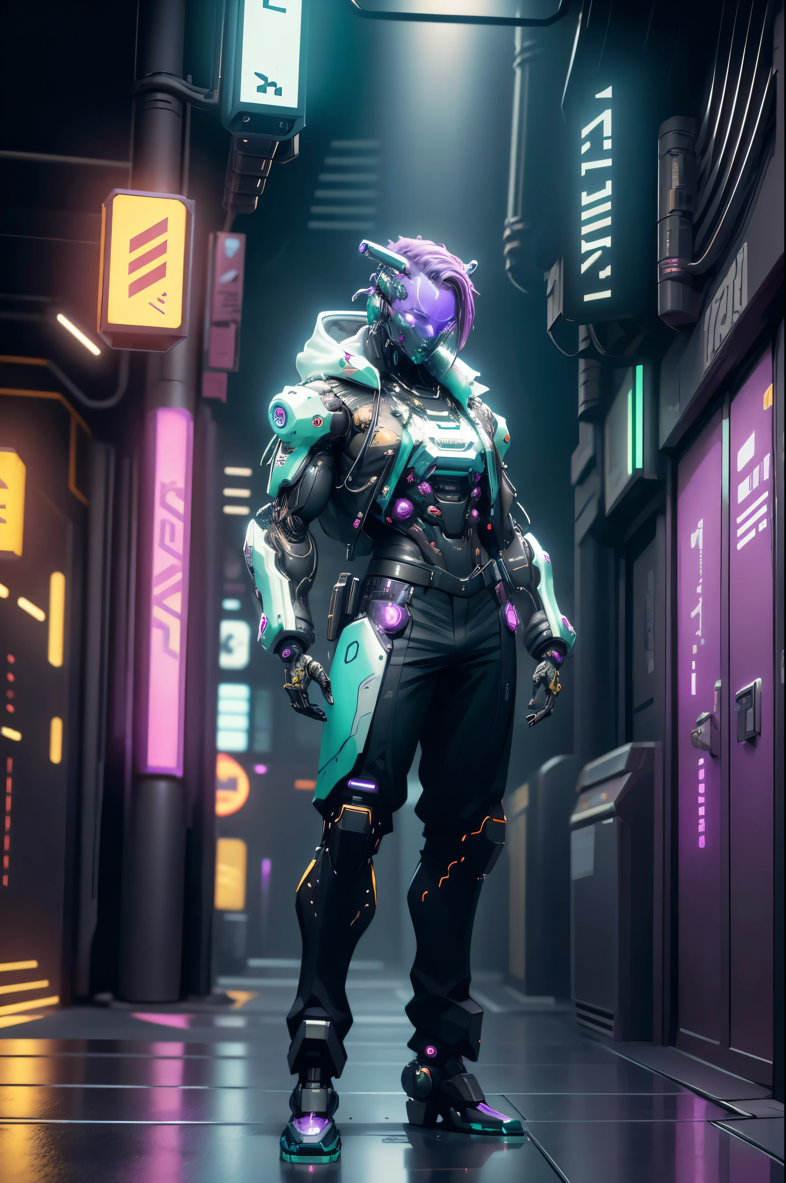 a robot bounty hunter, detailed mechanical parts, holding up, butler outfit, cyberpunk, Setting cyberpunk bar, Neon lighting, high detail, Hyperrealism, cinematic lighting, glowing light, masterpiece, ccurate, anatomically correct, textured skin, super detail, high quality, award winning, super detail, highres, 4K, 8k, 16k