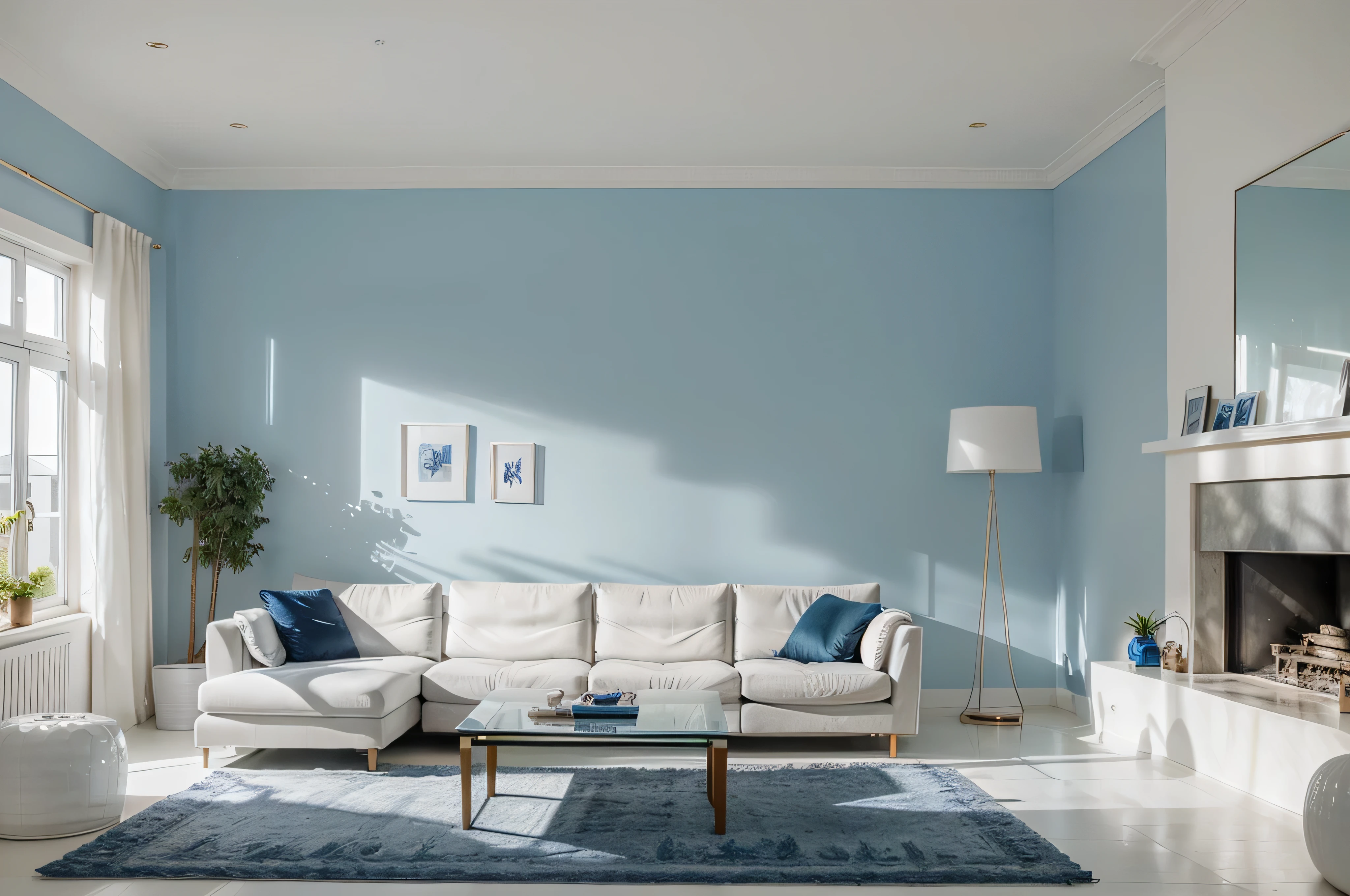 spacious living room, Modern design, blue white wall, European style,luxurious, natural color, Photo taken from Canon camera