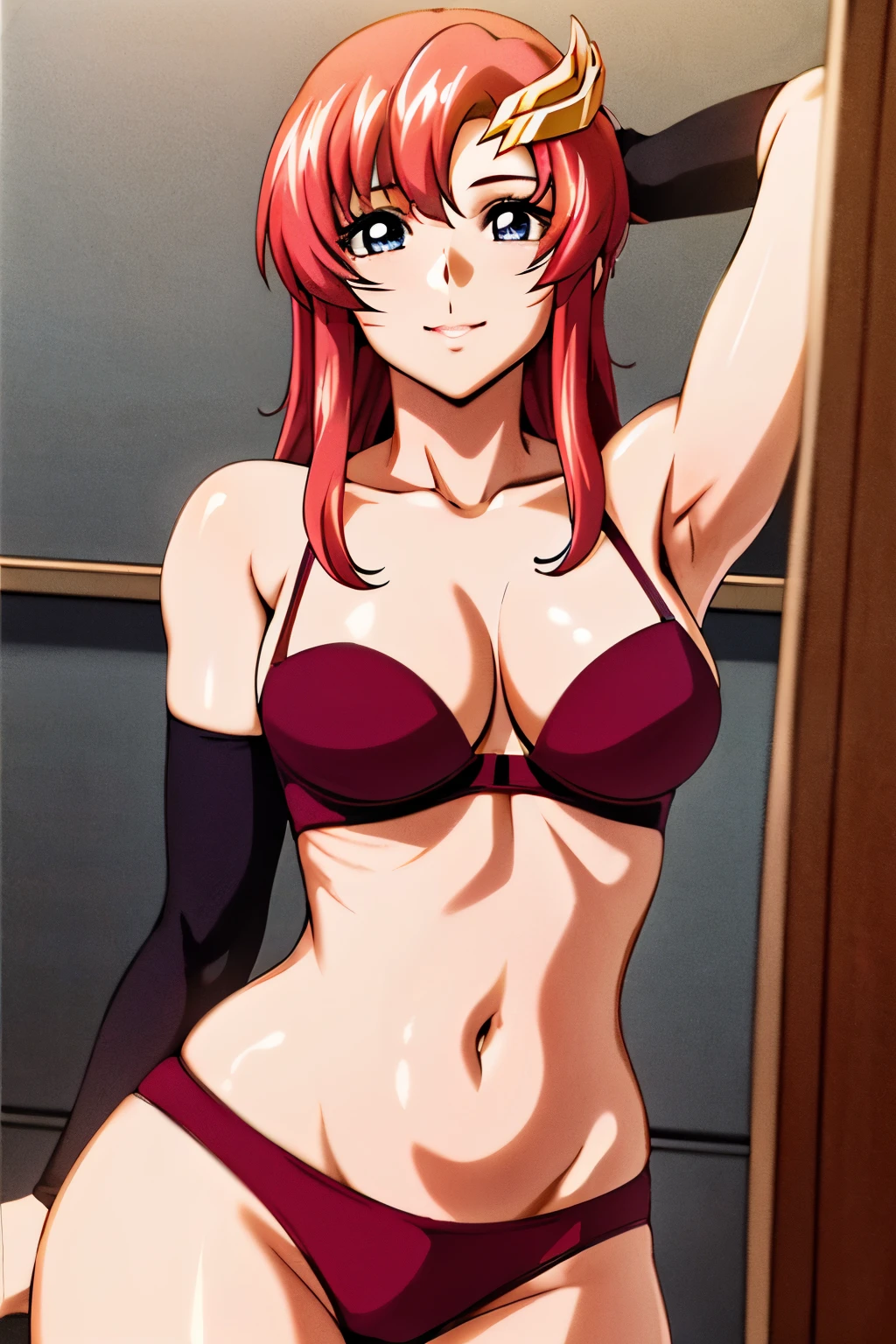 lacus4, (red bikini, arm band, short gloves, masterpiece, looking at herself in mirror, very slim shoulders, 4K, Best Quality, Anime style: 1.9, happy, Adult Woman, (ultra detailed head), (arena, mirror frame), Drawing lines, high resolution, lacus4), 1girl, Solo, curvy figure, Long hair, clavicle, scapular, (Detailed wide hair bangs, Hair Ornament, Detailed reddish-pink hair, shiny streaks, slim arms, detailed golden crest), cleavage, large hands, (hair cover shoulders). (Big blue eyes, shiny eyes), ((slim body, slim arms)), ((perfect proportions, medium breasts, long belly, very little biceps)), ((totally red bra, neck band,))), smile, (hot colors), detailed fingers, (bare shoulders)