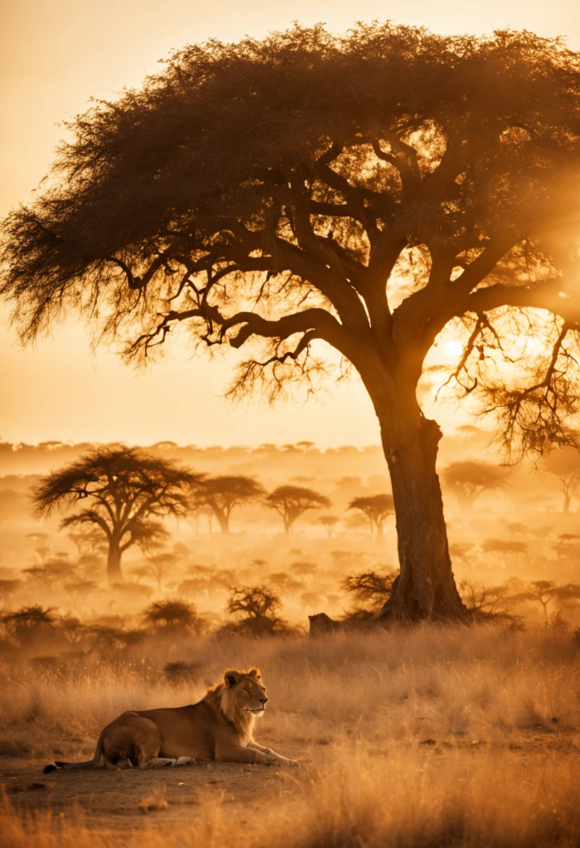 cinematic film still {A film shot featuring a serene moment in a realistic, sprawling African savannah at dawn, a pride of lions resting under an acacia tree, warm sunrise colors bathing the scene, shot with a Nikon D3, Focal length 70mm} . shallow depth of field, vignette, highly detailed, high budget, bokeh, cinemascope, moody, epic, gorgeous, film grain, grainy
