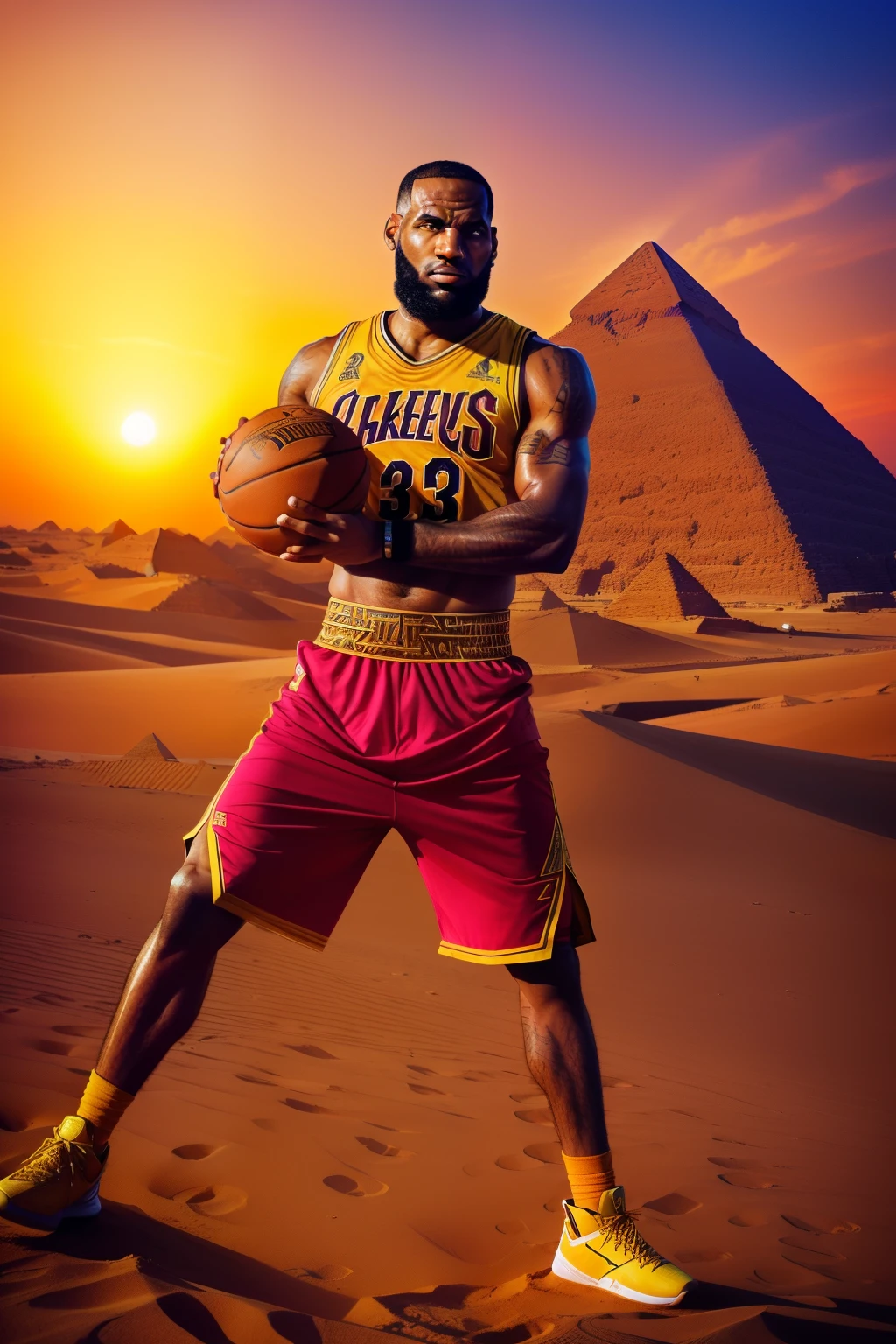 egyptian Lebron James, (basketball:1.1), (pyramids:1.3), (sweat dripping:1.2), (vibrant colors:1.2), (intricate details:1.3), hdr, (dynamic:1.1), cinematic shot, epic, (action-packed:1.1), (eloquent:1.1), pharaoh, (egyptian attire:1.2), (intense focus:1.1), (determined expression:1.1), (sand dunes:1.1), (sunset:1.1), legendary, basketball court, pyramids