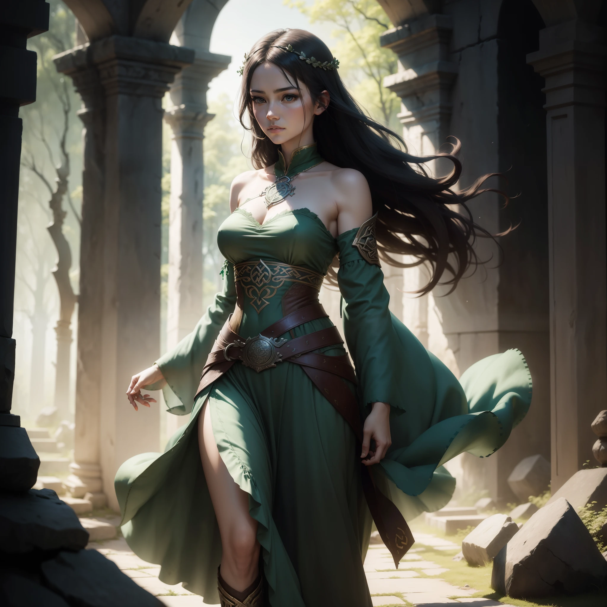 celtic female warrior, Stone ruins, tall and thin, Celtic knot jewelry and flowing dresses, leave descendants, Watercolor Techniques, poster design, 300DPI, soft lighting, graceful art, Mysterious, calm expression, enchanting atmosphere, Bokeh, photograph, 8k, dark, dynamic action, Light washoff style, dreamy nostalgic, soft focus, dark vignetting, Light leakage, 中photograph, dark artistic painterly ethereal, Whimsical, 粗粒photograph