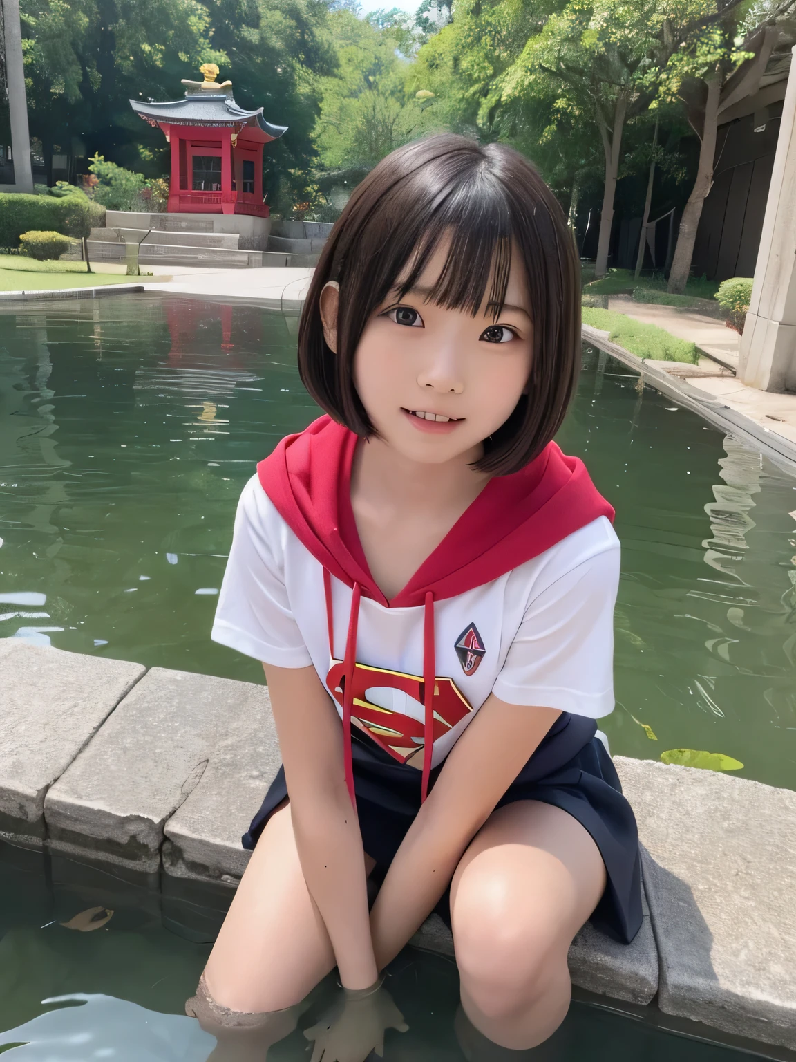 Elementary school student squats in a pond wearing Supergirl clothes.、Spreading black hair、bob cut with trimmed ends、(flat chest)、lolicon、Highest、short sleeve、red cloak、(whole body)、embarrassing、10 years old、
break, extremely fine transparency, (symmetrical eyes:1.3),
break, (temple, bell:1.3),
break, (masterpiece, Highest品質, Super detailed, 8k)