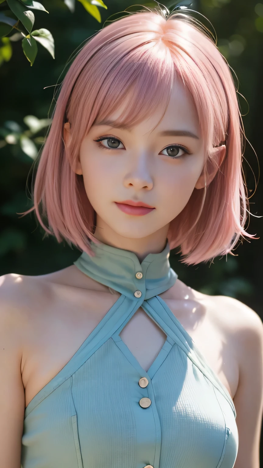 masterpiece, highest quality, (realistic, photo-realistic:1.4), (RAW photo:1.2), very detailed, Smooth and beautiful CG Unity 8k wallpaper, wonderful, small details, official artwork, absurd, very absurd, Large files, Super detailed, very detailed eyes and face, bright face, small smile, two girls, pink hair, short hair, detailed background, green eyes, realistic face, Super detailed, cute and beautiful characters, You still look like a virgin, cute teen girl, very detailed写真, accurate and very similar