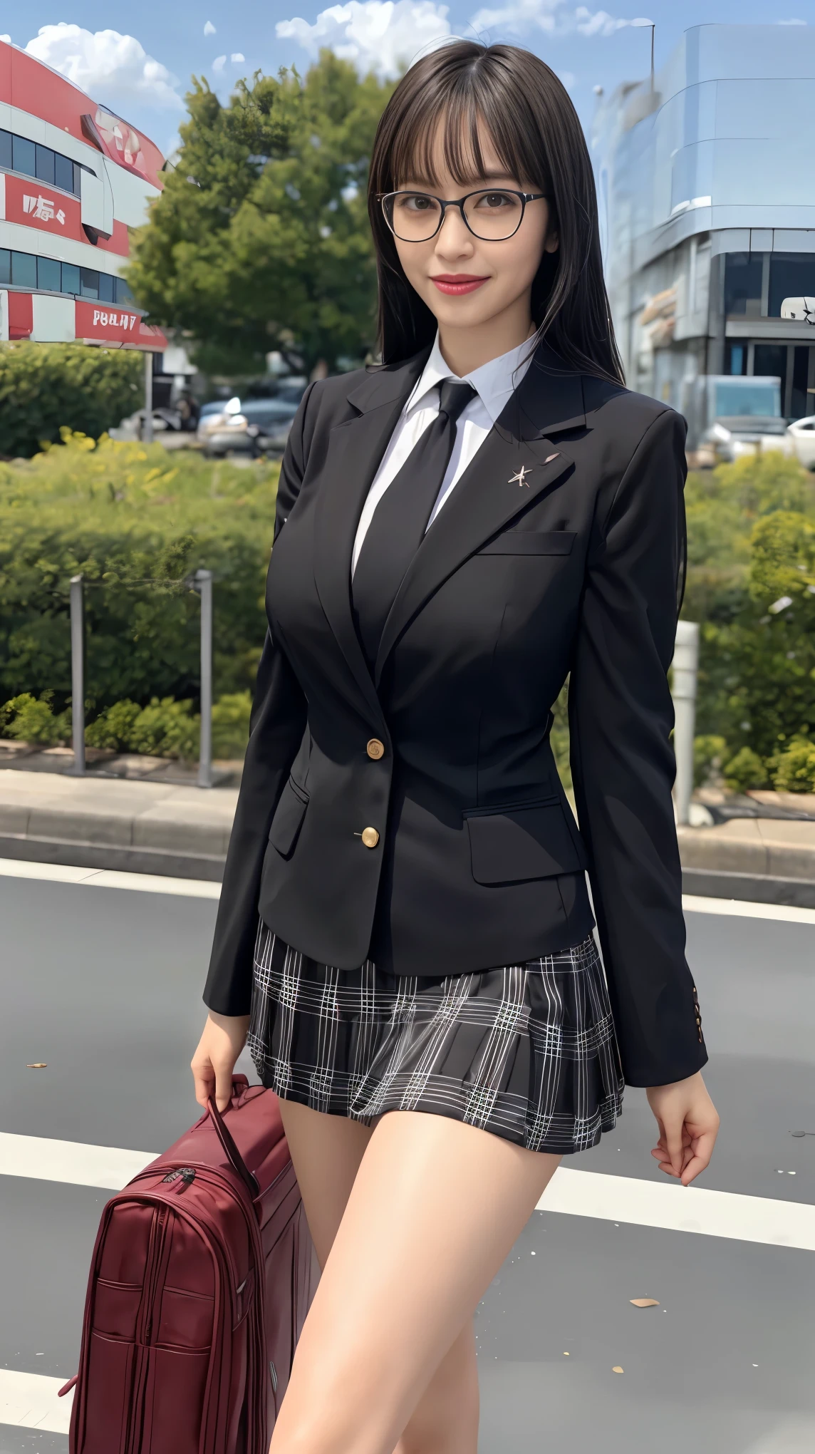 ultra-detailed, (paisura:1.4), 1girl, glasses, big breasts, necktie, sexy short skirt, bag, sexy, black hair, outdoors, road, between breasts, street, school bag, ground vehicle, danchi, japan, slender body, hime cut, illustration, first-person view, pov, masterpiece, best quality, super detail, 16k