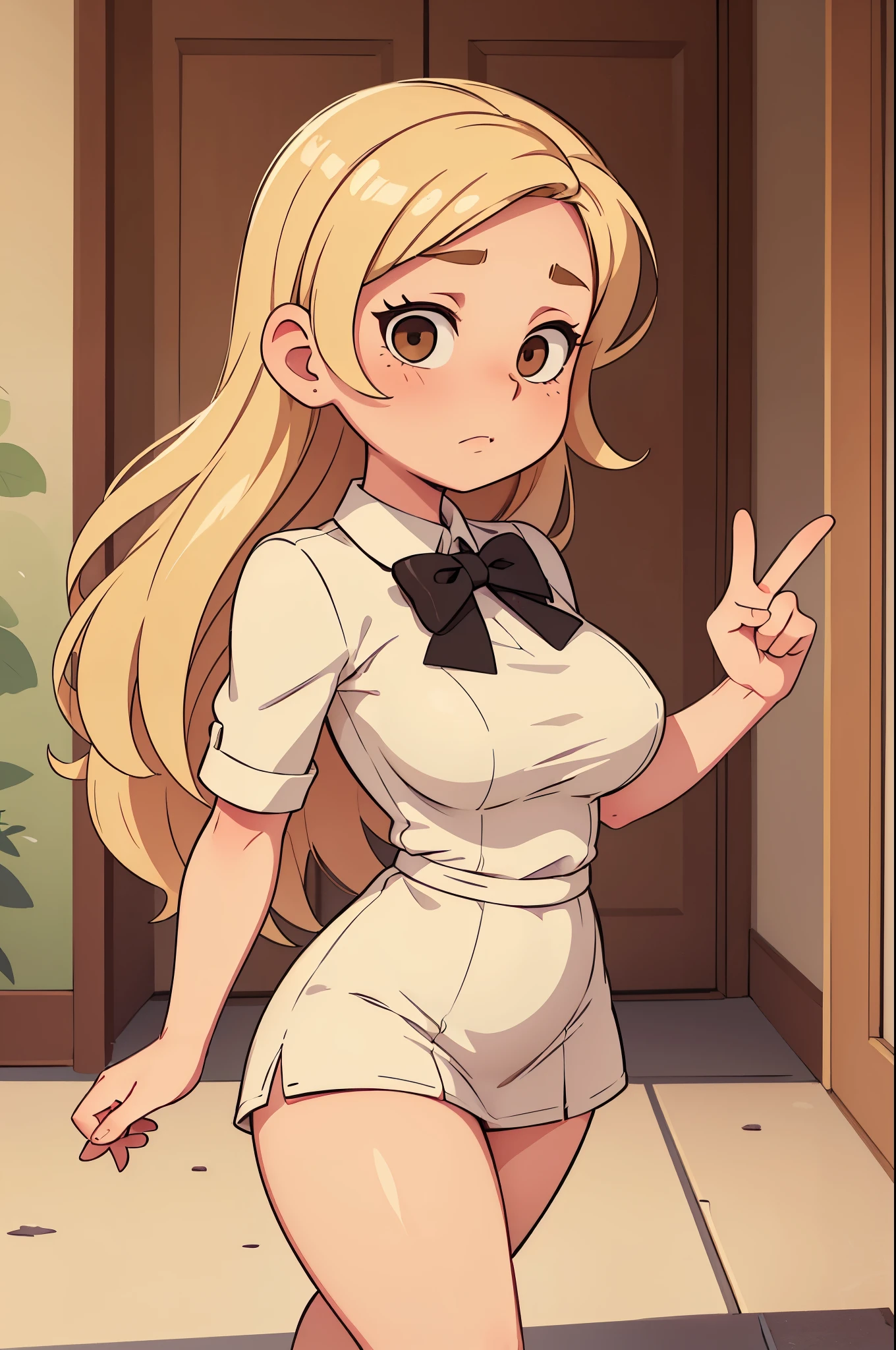 (Best quality), (top quality), (masterpiece), (portrait), (aesthetic), (beautiful), (high quality), (aesthetic clothings), (professional angle), (rule of thirds), (Feminine), (woman), (female), (beautiful lady), (big ass), (long hair), (large breastasterpiece), (portrait), (aesthetic), (beautiful), (high quality), (professional angle), (rule of thirds), (Feminine), (woman), (female), (beautiful), (feminine features), (blonde) Drawing of a pudgy teen of late adolescence with rosy cheeks, brown eyes, creamy blonde hair. She is in a white dress with a prominent bow on her waist; she is wearing black dress shoes. She has muscular, toned, realistic feet and legs. Her legs are thick, fat, chubby, meaty, voluptuous, curvaceous, long, Rubenesque and plump. Her fat legs have varicose veins. She is posing with both hands making victory sign and with one leg up. She is embarrassed and her legs are crossed.