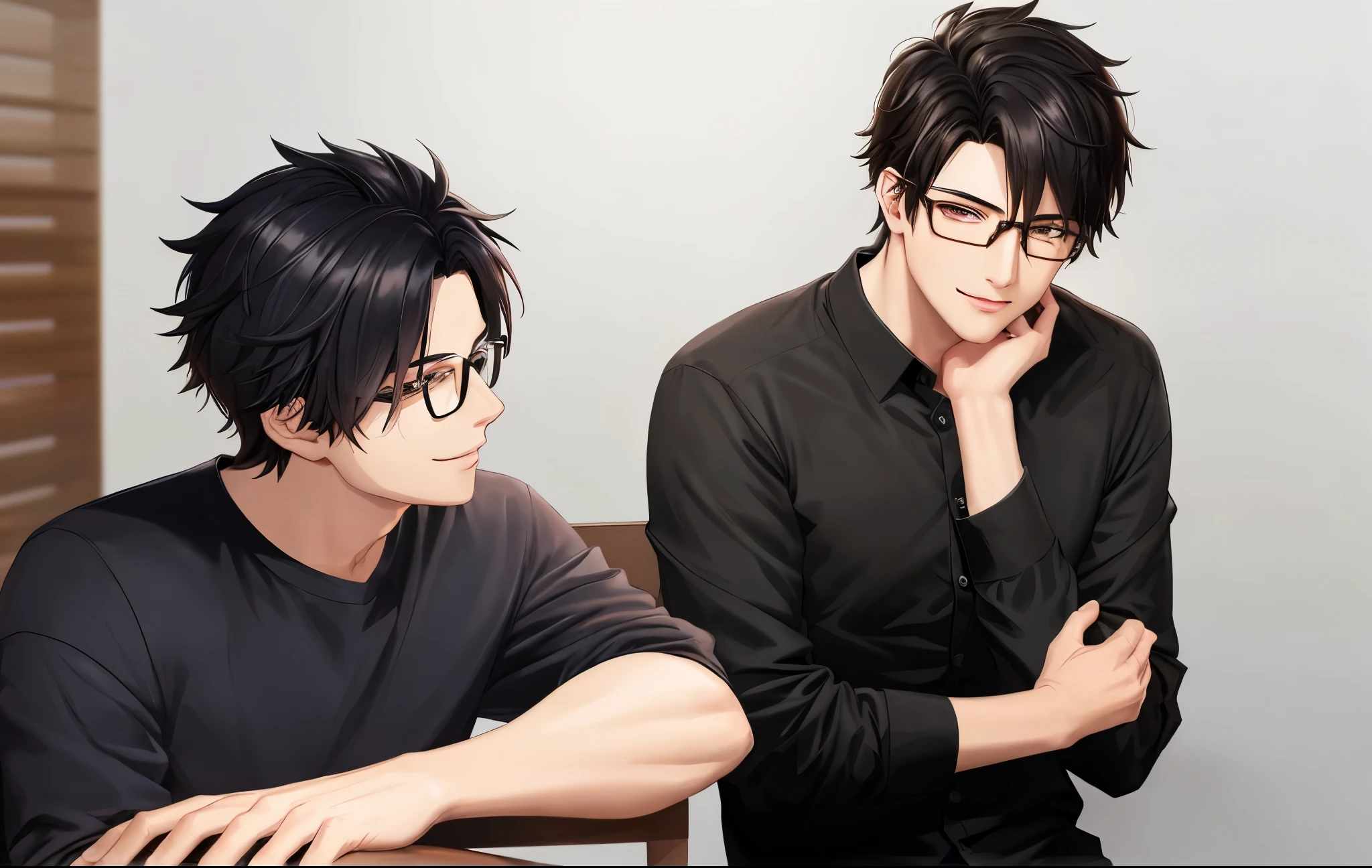 btd,1boy,mature_male,(masterpiece, detailed background, best quality),short and shiny hair,black hair,smirk,juicy ,perfecteyes,manhwa, anime, casual wear,thin black rimmed glasses, handsome, mole on cheek, clean shaven 