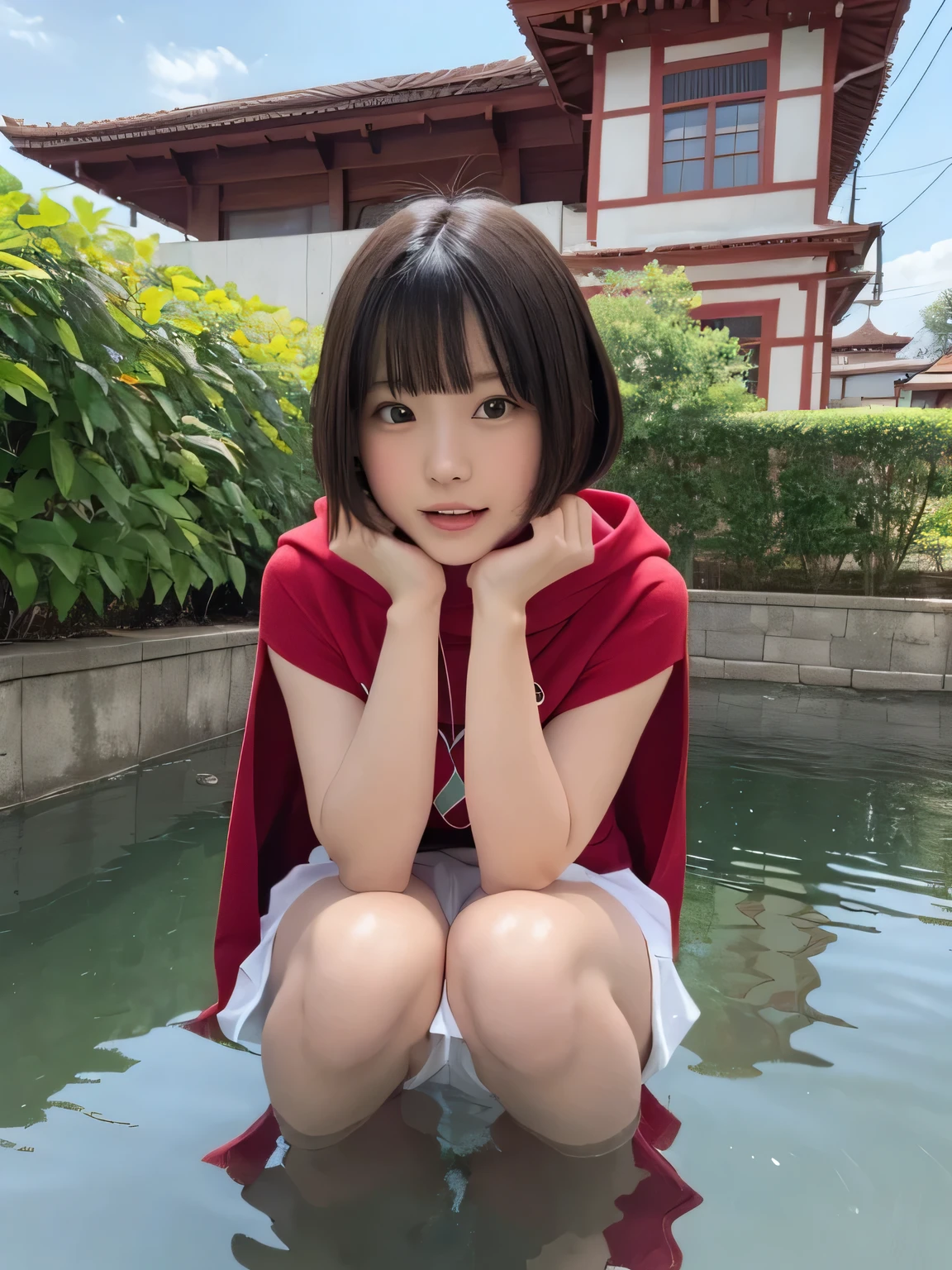 squats in a pond wearing Supergirl clothes.、Spreading black hair、bob cut with trimmed ends、(flat chest)、lolicon、Highest、short sleeve、red cloak、(whole body)、embarrassing、10 years old、 break, extrransparency, (symmetrical eyes:1.3), break, (temple, bell:1.3), break, (masterpiece, Highest品質, Super detailed, 8k)