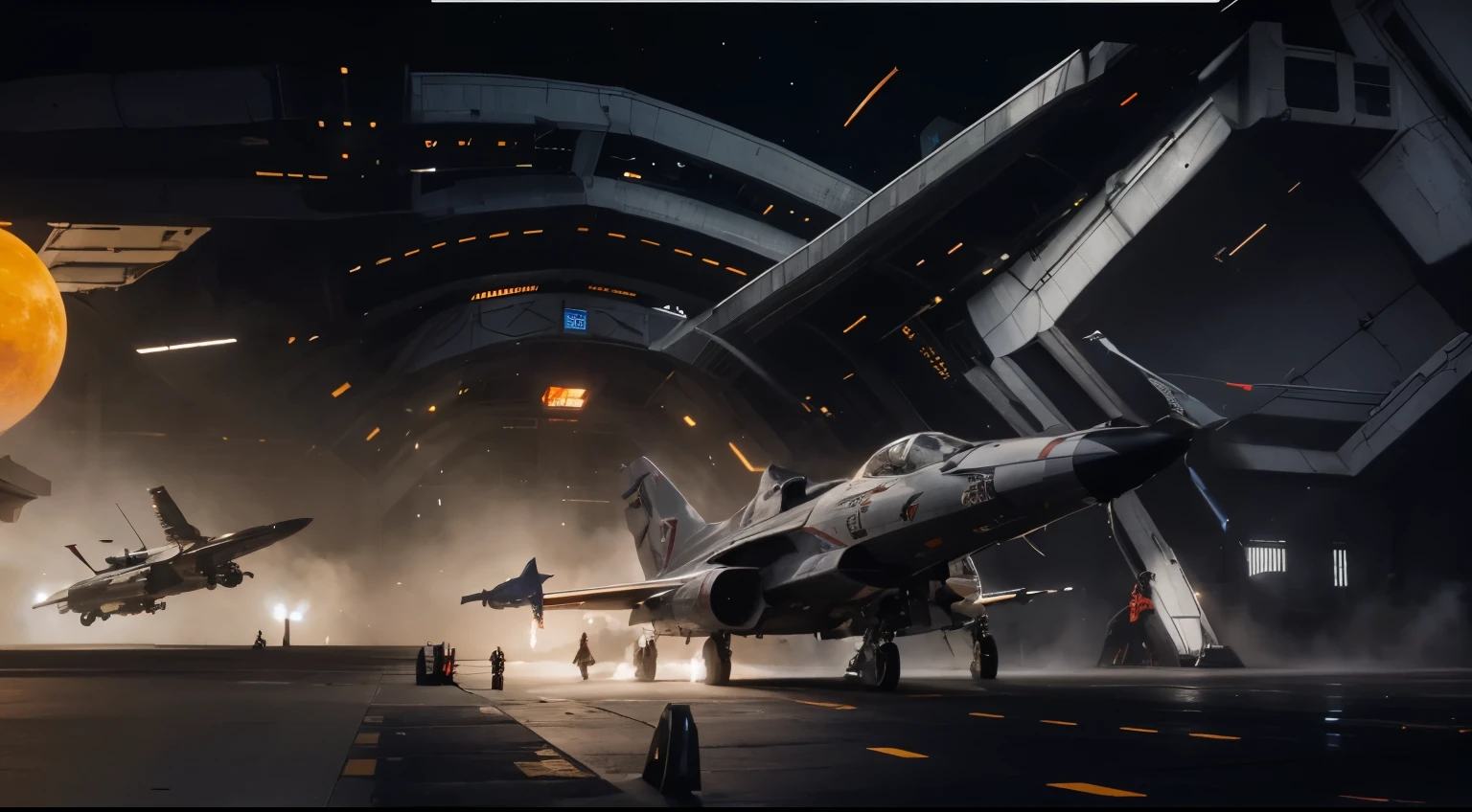 space superiority fighter Battlestar Galactica Viper Mark VII by the Colonial Fleet in front of secret hangar at mothership