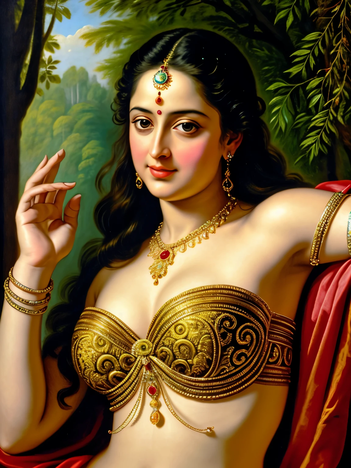 Looks like Anushka Shetty, Masterpiece, Best quality, high clarity eyes, critically flawless,sharp picture, Full portrait, High pixels, perfect face, perfect eyes, beautiful face, perfect hands,perfect fingers, in Peter Paul Rubens style, by Peter Paul Rubens, baroque style, acrylic on canvas, highly detailed, description: "Create a nymph inspired by the tales of Greek or Roman mythology, embodying the essence of a natural element or location, and possessing a unique ability or trait that sets her apart.", strapless Bra of ancient times, strapless bralette, armpits showing, 