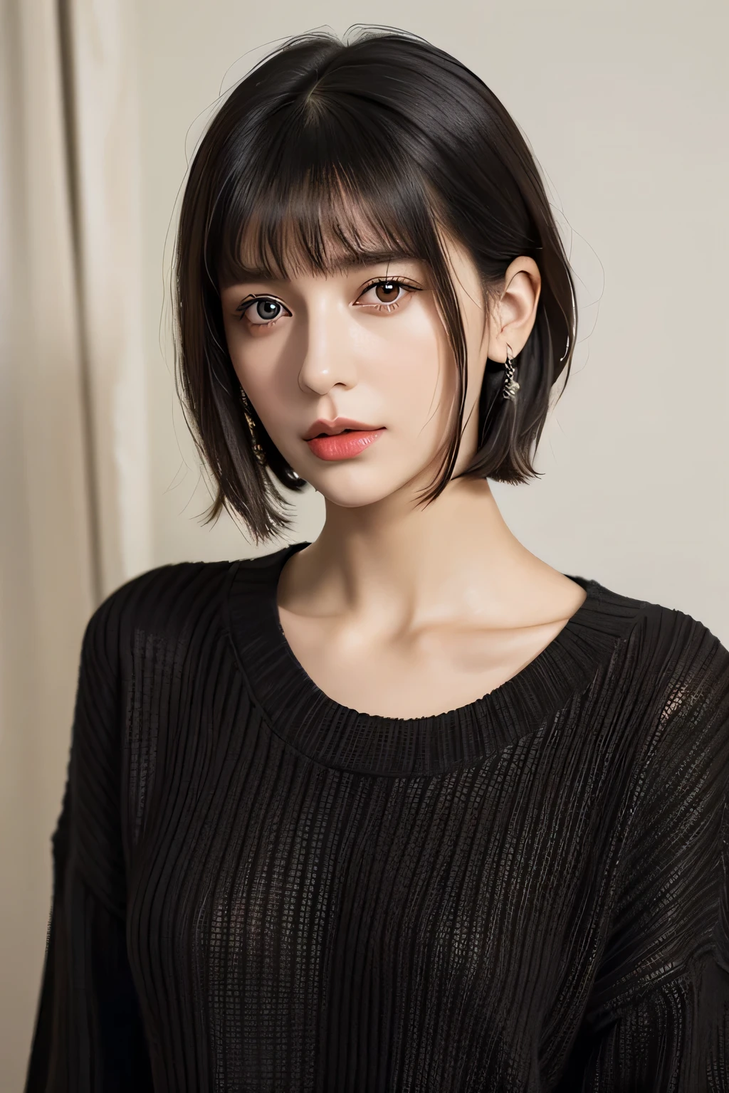 (((Lena Petrović))), RAW photo, beautiful 26 y.o woman, cute face, very hot, wonderful goddess, shoulder-length black hair, bangs in front, brown eyes, wearing black sweater