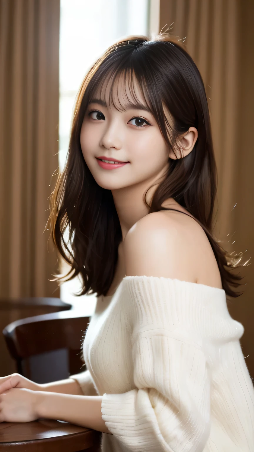 table top, highest quality, shape, Super detailed, finely, High resolution, 8k wallpaper, 完璧なダイナミックな構shape, finelyて美しい目, white off shoulder,medium hair,,natural color lip, bold sexy pose,smile,mansion(room,but)、20 year old girl、cute、sexy shot looking at camera,perfect and beautiful face and fingers,