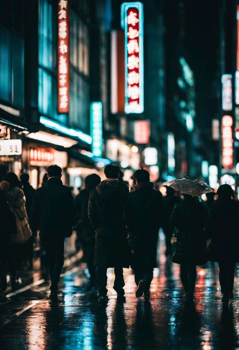 cinematic film still {A film shot of a bustling Tokyo street at night, neon signs glowing vibrantly, crowds of people captured in a freeze-frame of urban life, reflections on wet pavement, realistic atmosphere, shot with a Canon EOS R3, Focal length 35mm} . shallow depth of field, vignette, highly detailed, high budget, bokeh, cinemascope, moody, epic, gorgeous, film grain, grainy