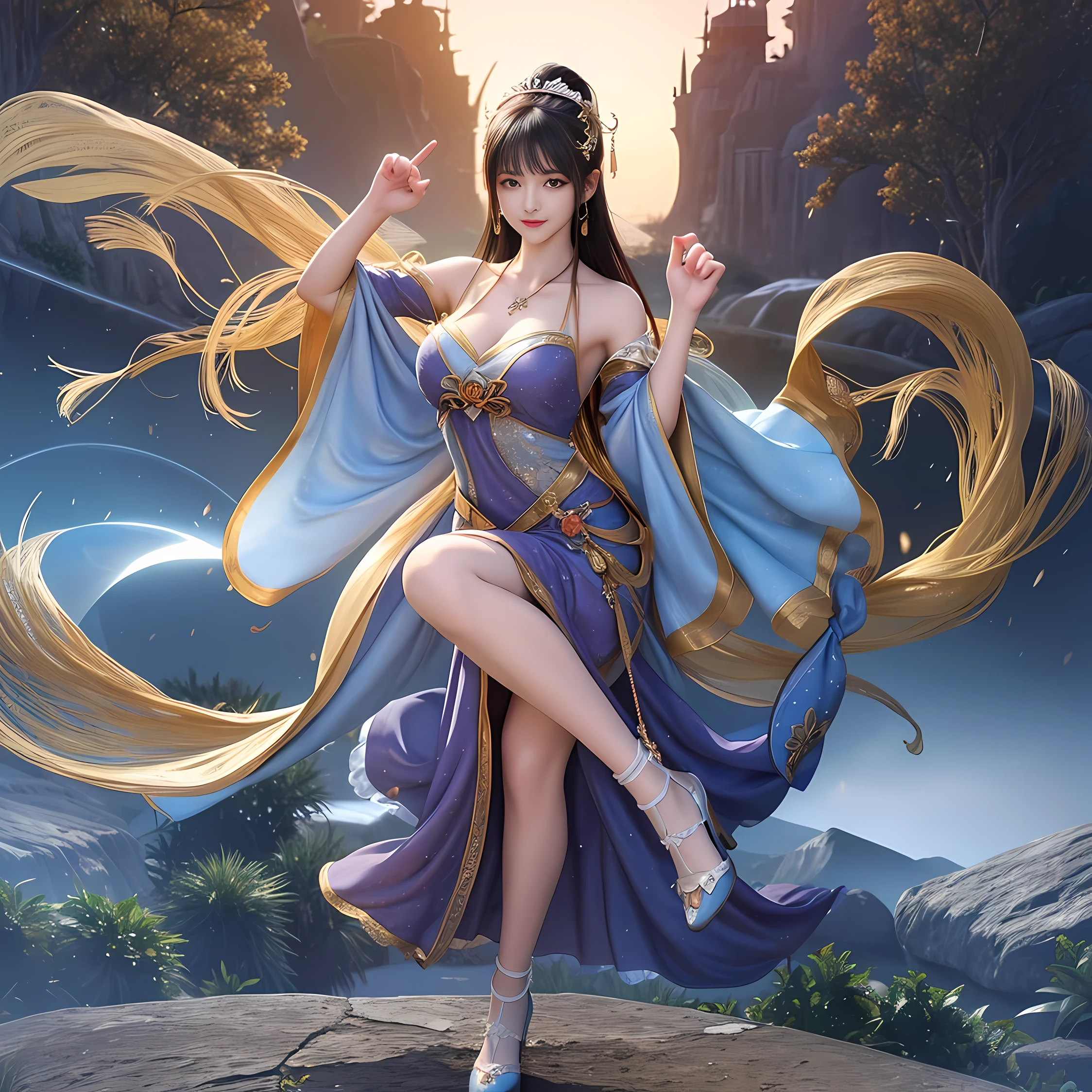 Moonlit landscape，The goddess in costume dressed in Han costume is unique。Her gorgeous costumes sparkle，The skirt swayed in the breeze，It looks elegant and dynamic。There was a playful look in her eyes，It is as if you are at one with this tranquil nature。

The costume goddess wears a pair of fashionable high heels under her feet，It seems to be incompatible with her elegant temperament，But it invisibly adds a touch of mystery and sexiness。。Her feet were on the bluestone slab，It's like dancing on the ground，Grace at every step。

In the moonlight，The landscape is even more hazy and wonderful。Her figure danced in the moonlight，Fairy beauty。Her demeanor is playful and cute，It makes people want to get closer，Discover her inner secrets。

At this moment，Everything around seemed to be gone，Only this goddess in ancient costume and this beautiful landscape painting remain。She smiled，sport，All full of poetry，It's intoxicating，Can't extricate yourself。