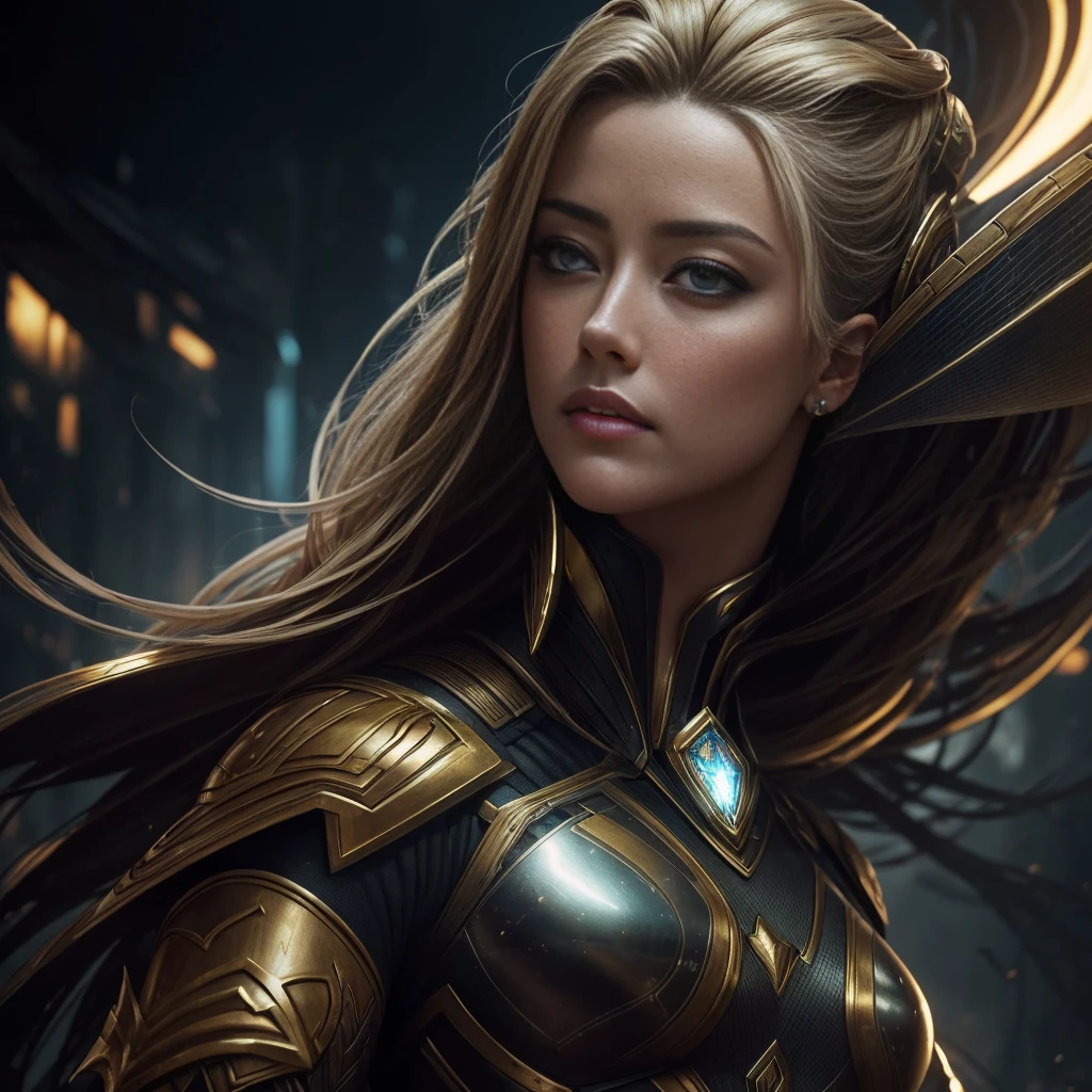 A captivating portrait of Amber Heard is rendered in meticulous detail, clad in futuristic armor that glistens under cinematic lighting reminiscent of the Freefire universe. The enigmatic expression on her face is the handiwork of renowned artists Elmore, Greg Rutkowski, artgerm, and Alphonse Mucha. This hyper-realistic piece showcases exquisite textures and vibrant colors, delivering an otherworldly experience that transcends mere aesthetic appreciation. Each line and contour in this top-quality, official art piece is executed with striking precision, further emphasizing the beauty and uniqueness of Amber Heard's persona.