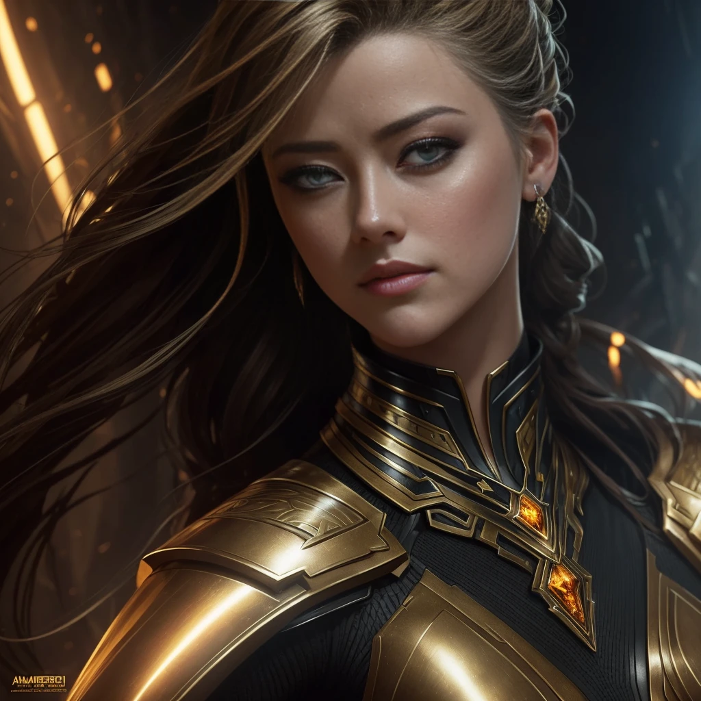 A captivating portrait of Amber Heard is rendered in meticulous detail, clad in futuristic armor that glistens under cinematic lighting reminiscent of the Freefire universe. The enigmatic expression on her face is the handiwork of renowned artists Elmore, Greg Rutkowski, artgerm, and Alphonse Mucha. This hyper-realistic piece showcases exquisite textures and vibrant colors, delivering an otherworldly experience that transcends mere aesthetic appreciation. Each line and contour in this top-quality, official art piece is executed with striking precision, further emphasizing the beauty and uniqueness of Amber Heard's persona.