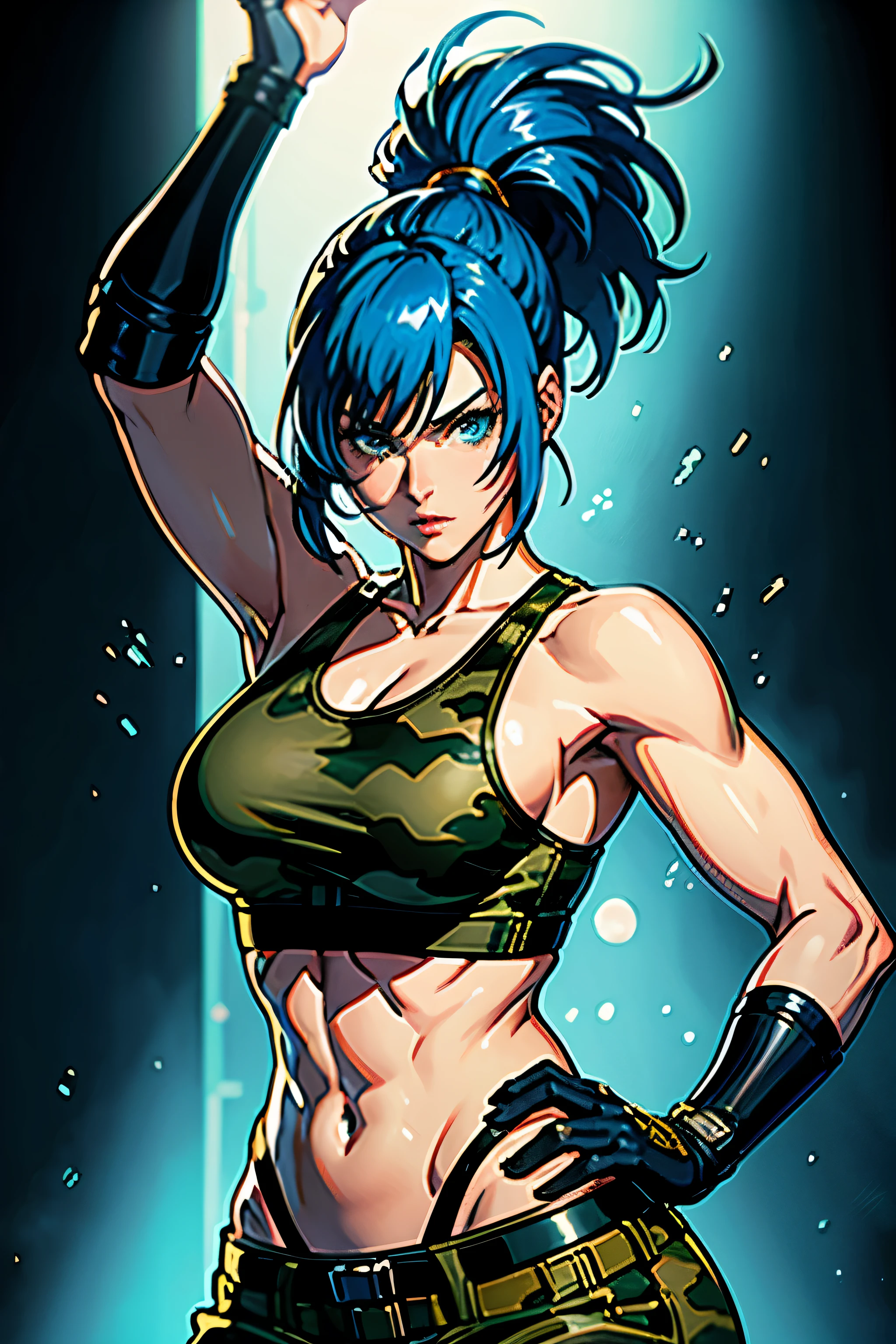 crie uma imagem perfeita de Leona Heider, o lutador do famoso jogo SNK KOF (O rei dos lutadores XV). Ela tem cabelo azul com ondulado, tied bangs and wears army clothes with camouflage leaf designs. Crie um perfeito, Color illustration using art template by Greg Hutkowski. Show off your artistic skills by creating a portrait of Leona Heider, the iconic SNK fighting game character from KOF (O rei dos lutadores). O retrato deve mostrar seu cabelo azul penteado em um coque central com franja franjada, while she is on stage wearing military style camouflage clothing. Use soft rendering techniques to create a children&#39;s storybook-style illustration with soft colors and a watercolor aesthetic.