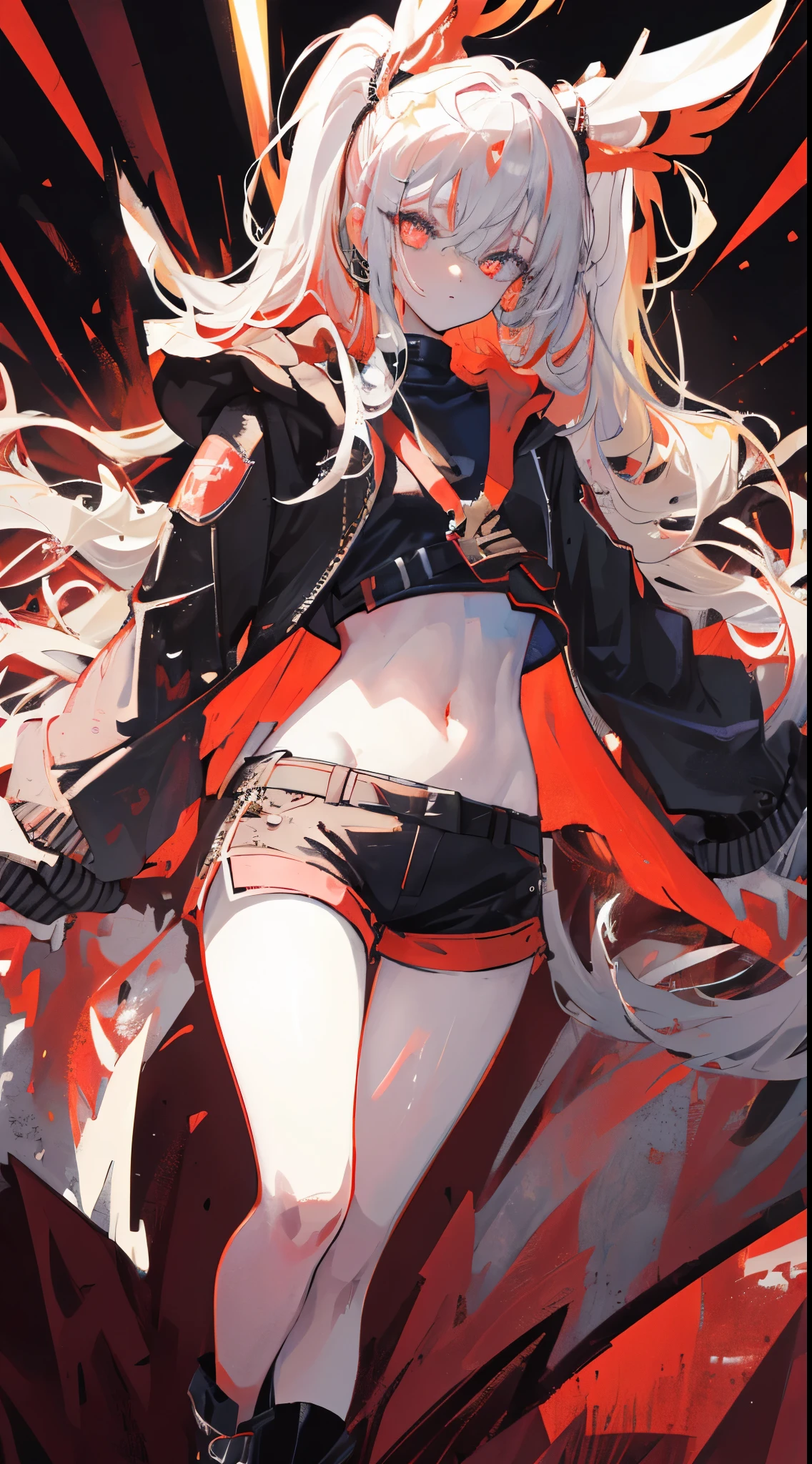 (masterpiece, best quality:1.6), solo, thick outline, (simple background, dark red background, monochrome, dark red theme:1.2), official art, key visual, 8k, absurdres, full body, (unique hair, punks jacket, hotpants, arch back, short torso:1.2), navel, thighs, cowboy shot, HDR, sharp focus, highres, highest detailed, extreme detailed, ultra detailed, finely detail, detailed eyes and face, sharp pupils, realistic pupils