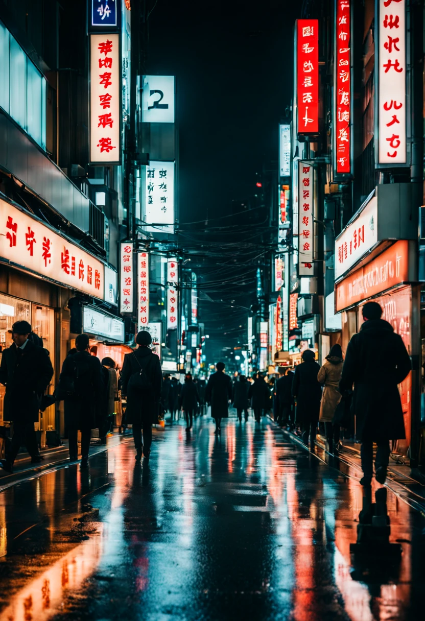 cinematic film still {A film shot of a bustling Tokyo street at night, neon signs glowing vibrantly, crowds of people captured in a freeze-frame of urban life, reflections on wet pavement, realistic atmosphere, shot with a Canon EOS R3, Focal length 35mm} . shallow depth of field, vignette, highly detailed, high budget, bokeh, cinemascope, moody, epic, gorgeous, film grain, grainy