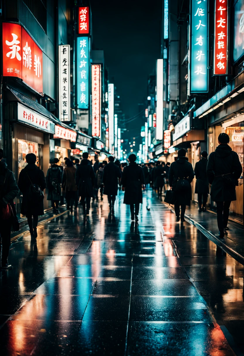 cinematic film still {A film shot of a bustling Tokyo street at night, neon signs glowing vibrantly, crowds of people captured in a freeze-frame of urban life, reflections on wet pavement, realistic atmosphere, shot with a Canon EOS R3, Focal length 35mm} . shallow depth of field, vignette, highly detailed, high budget, bokeh, cinemascope, moody, epic, gorgeous, film grain, grainy