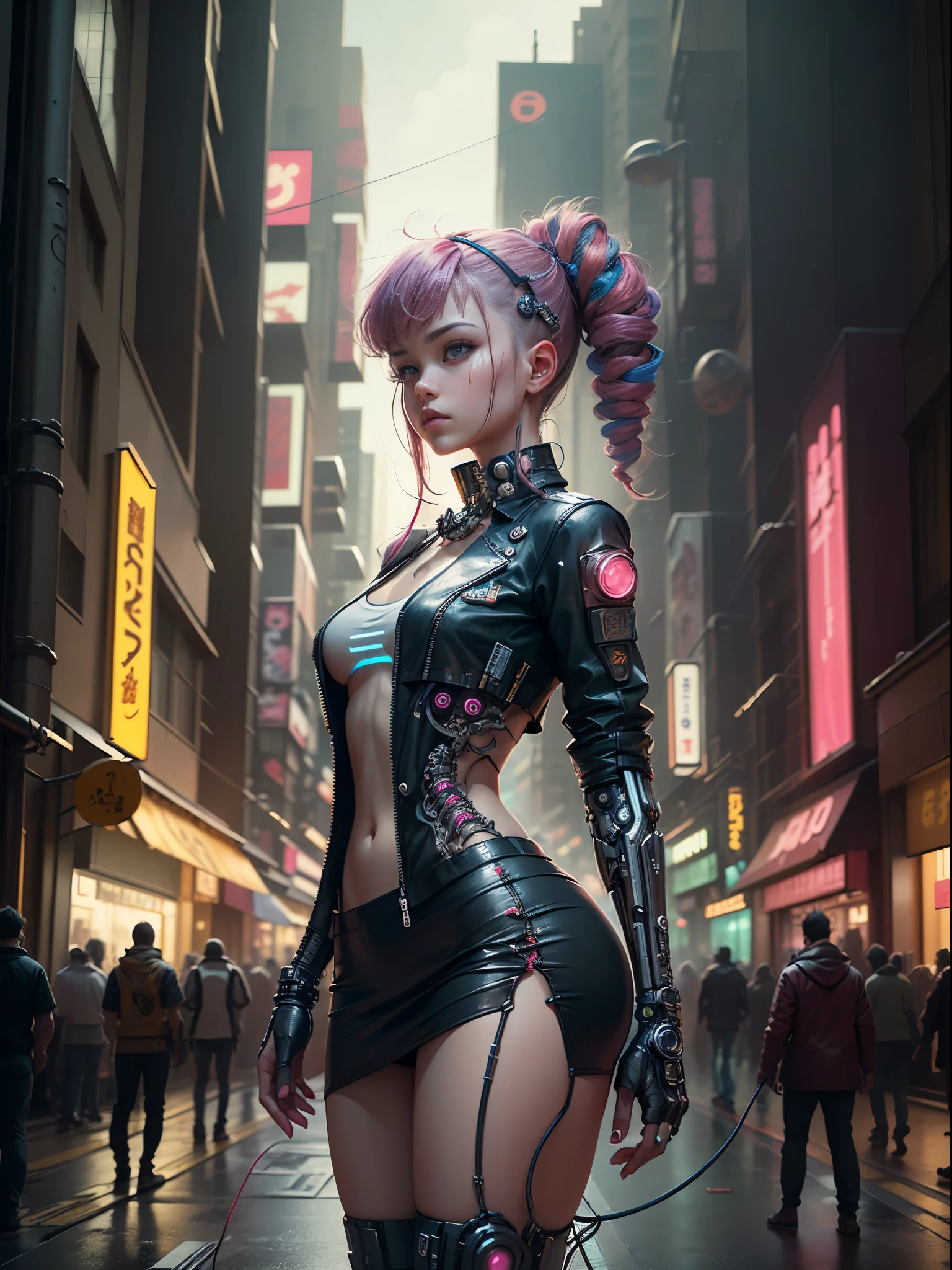 ((extremely delicate and beautiful cybernetic girl)), ((mechanical limb, blood vessels connected to tube, mechanical vertebrae)), ((mechanical cervical attaching to neck)), (wires and cables attaching to neck:1.2), ((mass of wires and cables on head)), ((wearing colorful Harajuku tech jacket with logos)), (character focus), ((dynamic pose)), ((cowboy shot)), (masterpiece), (((best quality))), ((ultra-detailed)), (highly detailed photorealistic CG illustration), cinematic lighting, science fiction, extremely detailed,colorful,highest detail, (((cyberpunk city background, Harajuku district)))