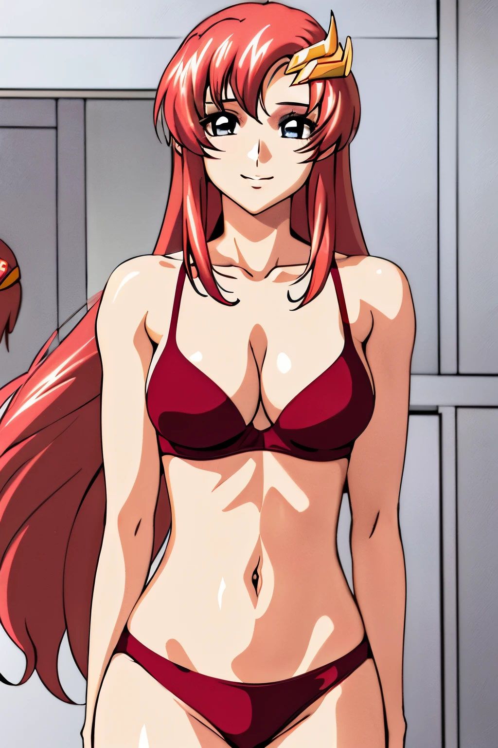 lacus4, (red bikini, arm band, short gloves, masterpiece, looking at herself in mirror, very slim shoulders, 4K, Best Quality, Anime style: 1.9, happy, Adult Woman, (ultra detailed head), (arena, mirror frame), Drawing lines, high resolution, lacus4), 1girl, Solo, curvy figure, Long hair, clavicle, scapular, (Detailed wide hair bangs, Hair Ornament, Detailed reddish-pink hair, shiny streaks, slim arms, detailed golden crest), cleavage, large hands, (hair cover shoulders). (Big blue eyes, shiny eyes), ((slim body, slim arms)), ((perfect proportions, medium breasts, long belly, very little biceps)), ((totally red bra, neck band,))), smile, (hot colors), detailed fingers, (bare shoulders)
