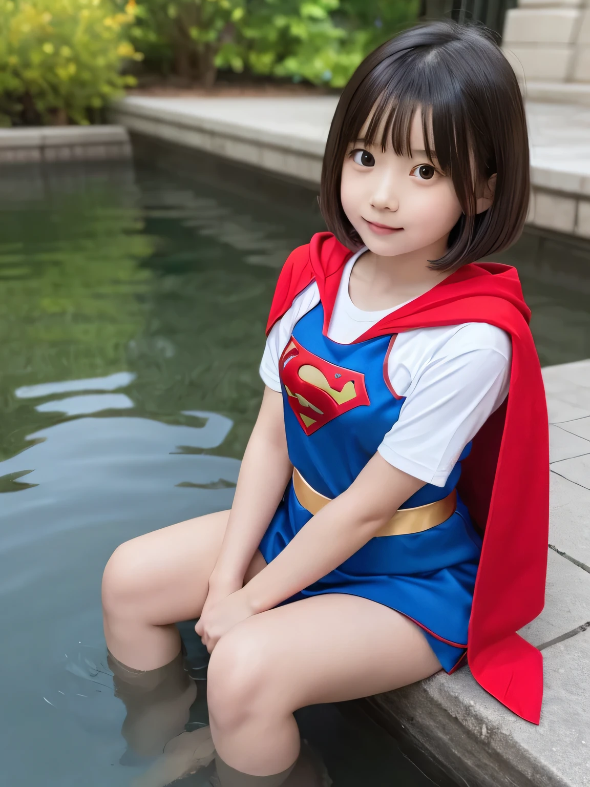squats in a pond wearing Supergirl clothes.、Spreading black hair、bob cut with trimmed ends、(flat chest)、lolicon、Highest、short sleeve、red cloak、(whole body)、embarrassing、10 years old、
break, extrransparency, (symmetrical eyes:1.3),
break, (temple, bell:1.3),
break, (masterpiece, Highest品質, Super detailed, 8k)