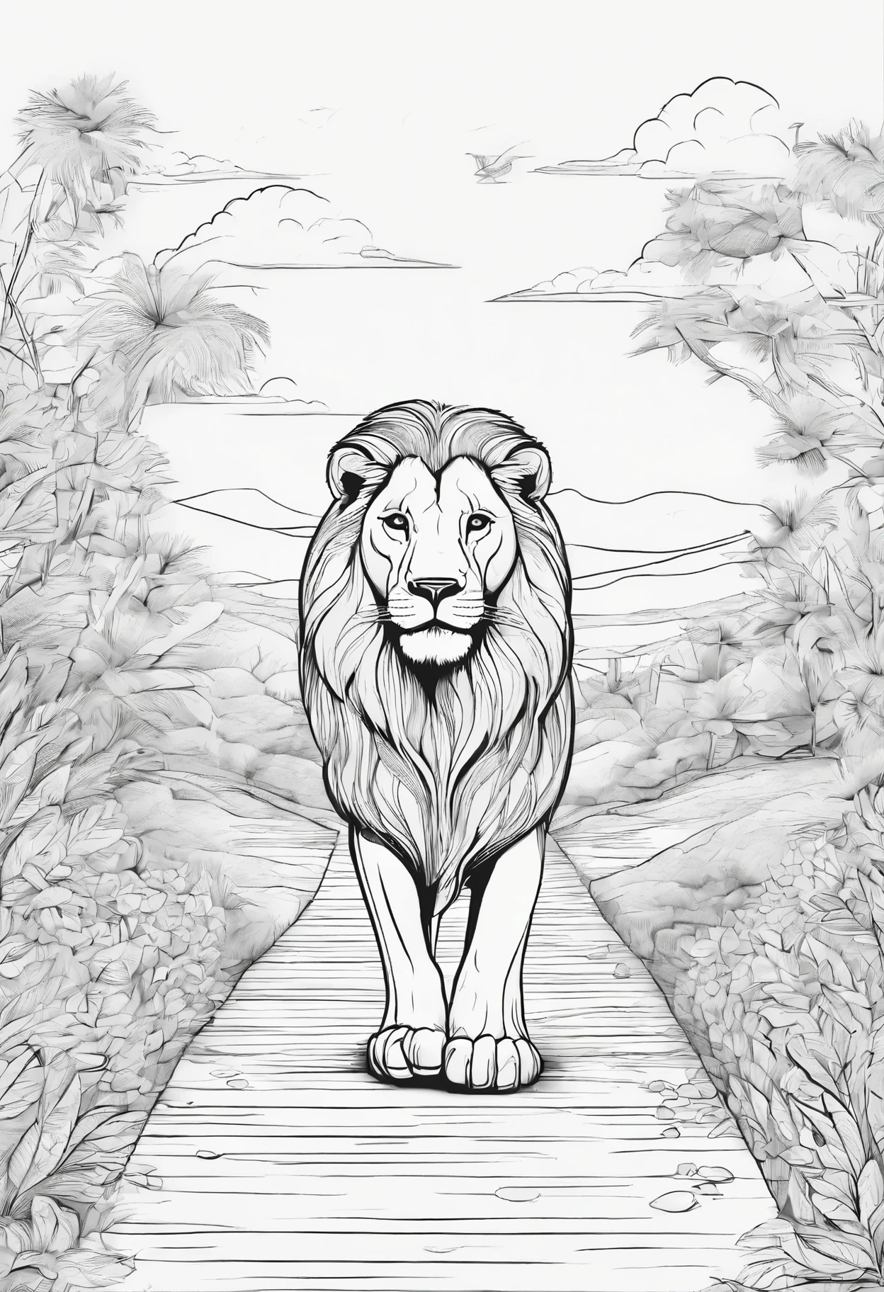an lion walking in a pathway, lineart, cartoon character, 3-D style, high quality, coloring book, hand drawn, lineart