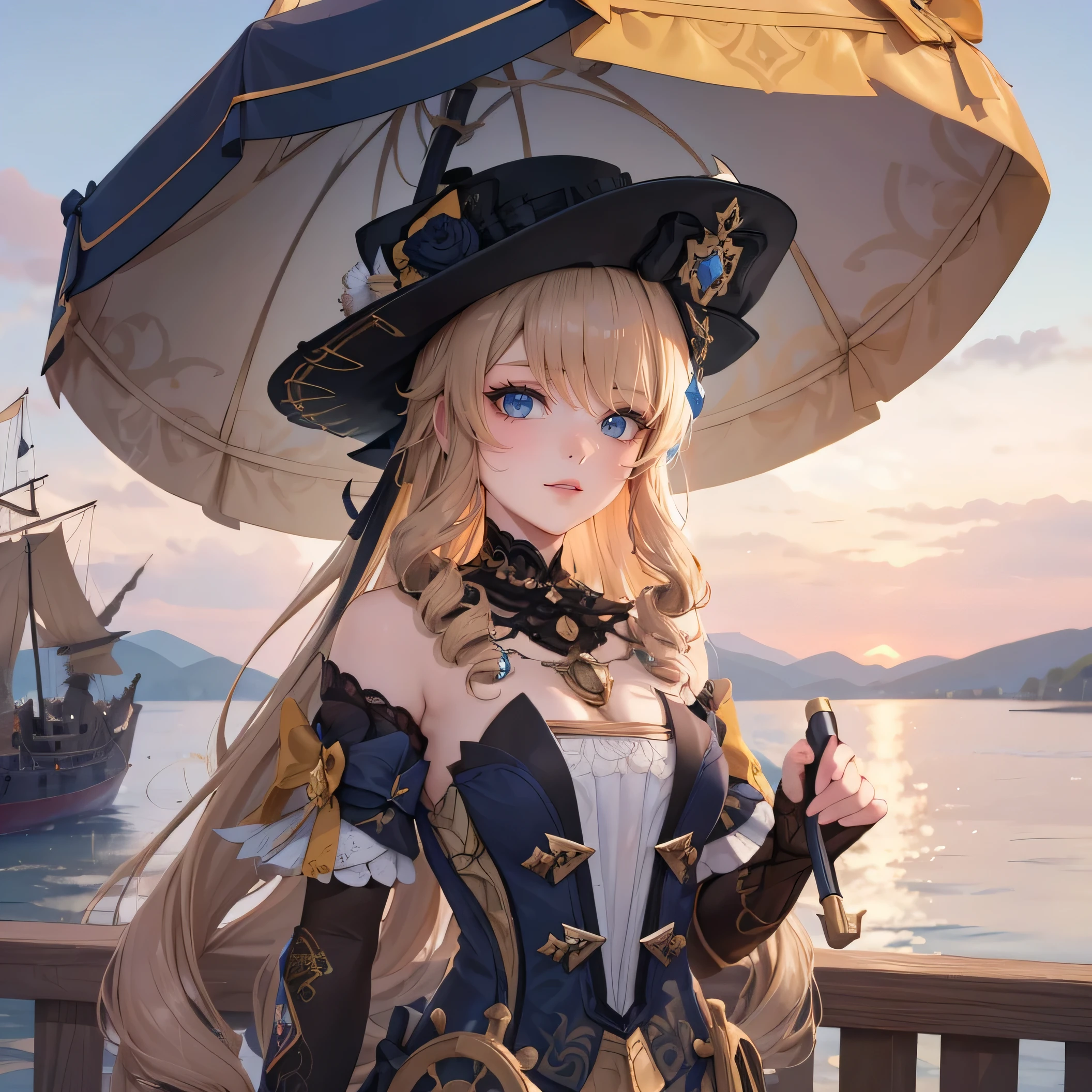 on the ship, there is a girl, holding an umbrella. The girl has beautifully detailed eyes and a kind smile on her face..... The ship is made in steampunk style on a beige background... The work must be of the highest quality.., be a masterpiece, and have high resolution details.
