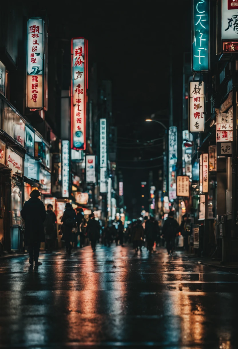 cinematic film still {A film shot of a bustling Tokyo street at night, neon signs glowing vibrantly, crowds of people captured in a freeze-frame of urban life, reflections on wet pavement, realistic atmosphere, shot with a Canon EOS R3, Focal length 35mm} . shallow depth of field, vignette, highly detailed, high budget, bokeh, cinemascope, moody, epic, gorgeous, film grain, grainy
