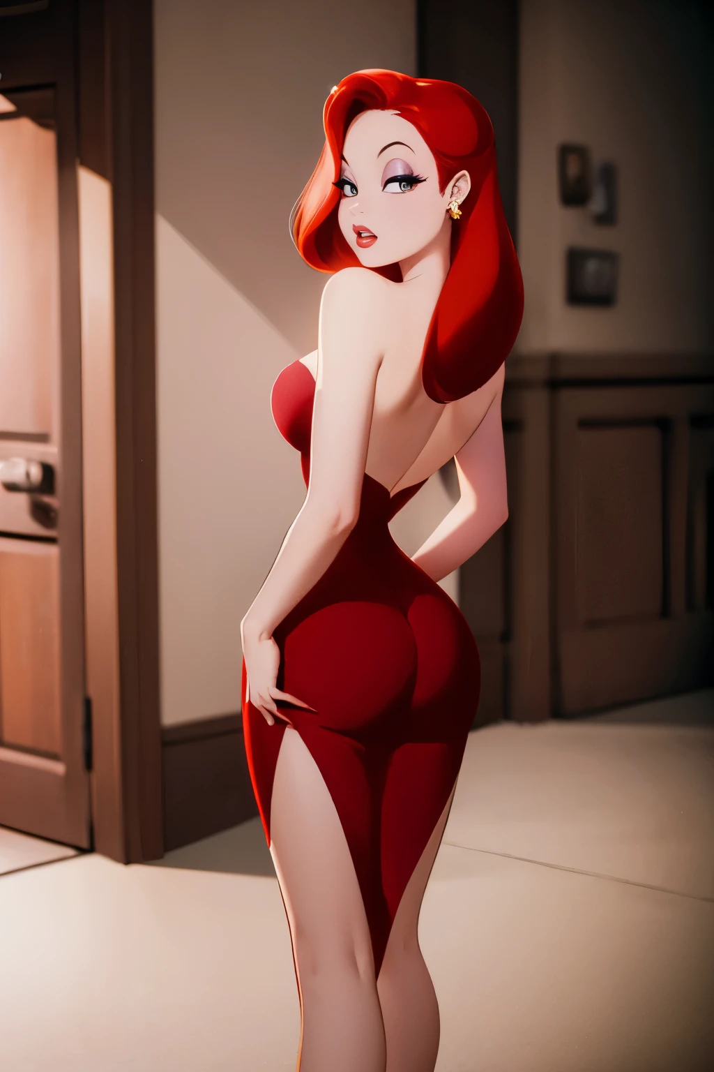 ((masterpiece, high quality, best quality, 8k, wallpaper, detailed)), A beautiful redhead, realistic, photorealistic, solo, looking at viewer, full body, long hair, red hair, long legs, red hair, pantyhose, sparkly red dress, strapless with leg slit, high heels, pretty hands, cameltoe, doggystyle, doggy style, She is looking at you, she is showing her back to you, (Monochromatic light grey background) ((soft light)) NSFW