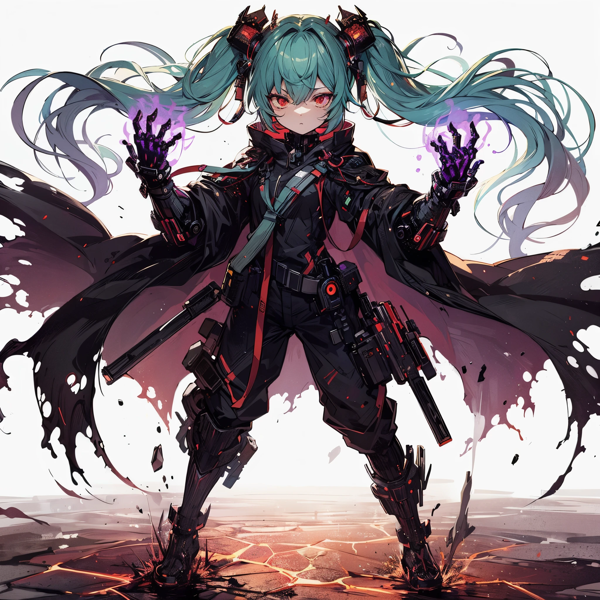 (masterpiece, Best Quality), (Perfect athlete body:1.2), (detailed hairs), Ultra-detailed, Anime style, Full body, cyberpunk Egge runner girl, burnt black mechanical limb, ((fists of black-purple flame)), Sea green two topknot hairstyle with red eyes, wearing raged cape and cyberpunk outfit. standing in burned earth, 8k high resolution, white background, whole-body, full-length view,