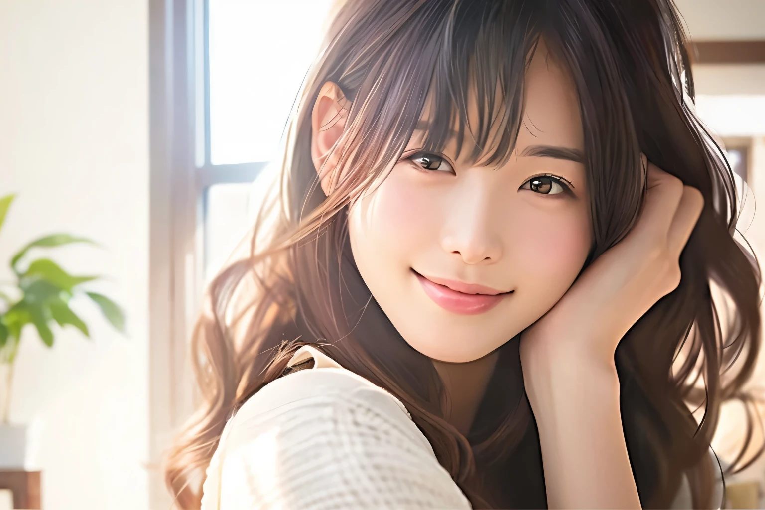 Background similar to the original image。bright living room。from the living room window、bright sunlight。a little green tree々。Very blurry background。very blurry background。Whitish background。There are no objects in the foreground of the person.。