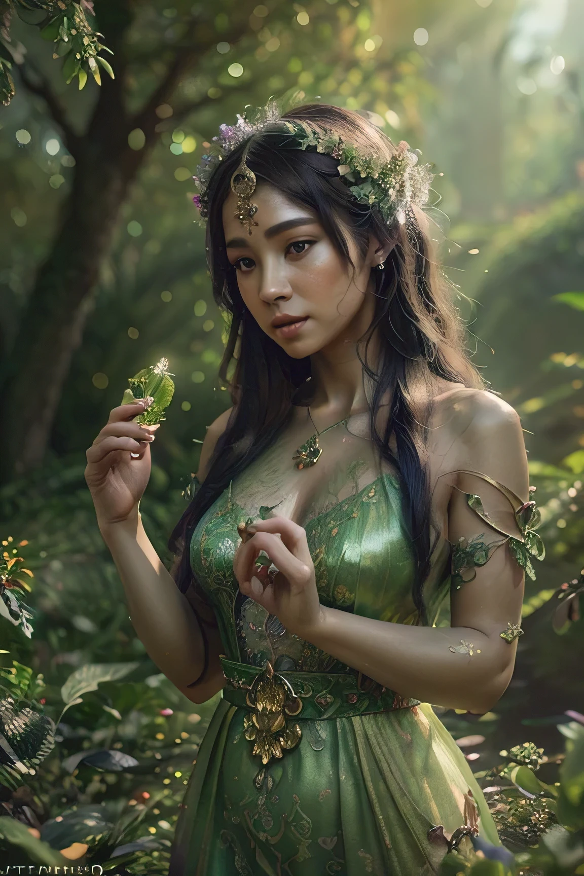fantasy art, (A vivid image of a mysterious herb, a Thai goddess wearing a beautiful dress.), (Nymph Herb), soft light fantasy, Anna dittman's masterpiece, (((Background according to artstation))),((((3D, very detailed, realistic, Very realistic, 32k, 18k, digital graphics, high resolution, high resolutionR, Uhigh resolutionR))))