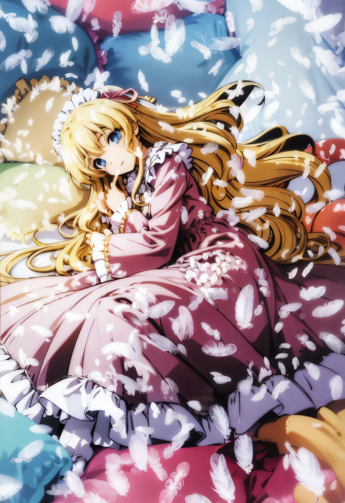 ,highest quality, masterpiece, highest resolution, artwork, super それにget used to it, many get used to it, get used to it, それにget used to it, 3K anime illustration,(( 10 year old girl)),Super detailed baby face,high quality small face,long blonde hair that grows to the waist,blue eyes,白い肌のeuropean,pajamas, european,(((super long blonde hair))),curly hair,blue eyes,((((ピンクのロリータファッションのlong skirtのワンピースドレス)))),((Pink dress with lots of frills and ribbons)),((Luxurious headdress with frills and ribbons)),detailed headdress,,(((big yoke collar))),Yoke collar with ruffles and ribbons,((((long sleeve)))),ruffle sleeves,((((long skirt)))),white ruffle and lace socks,large frill and ribbon pillow,detailed costume,many frilly pillows on the bed,super detailed background,detailed bed,romantic atmosphere,soft ruffle pillow,Beautiful girl illustration,detailed beautiful face detailed hair,detailed human eye ,detailed mouth, arm details,fine hands,detailed soft pillow,wide bed,Illustration on the bed,The girl is resting on a pile of soft pillows,surrounded by many pillows,Many small white feathers dance,detailed small white feathers,