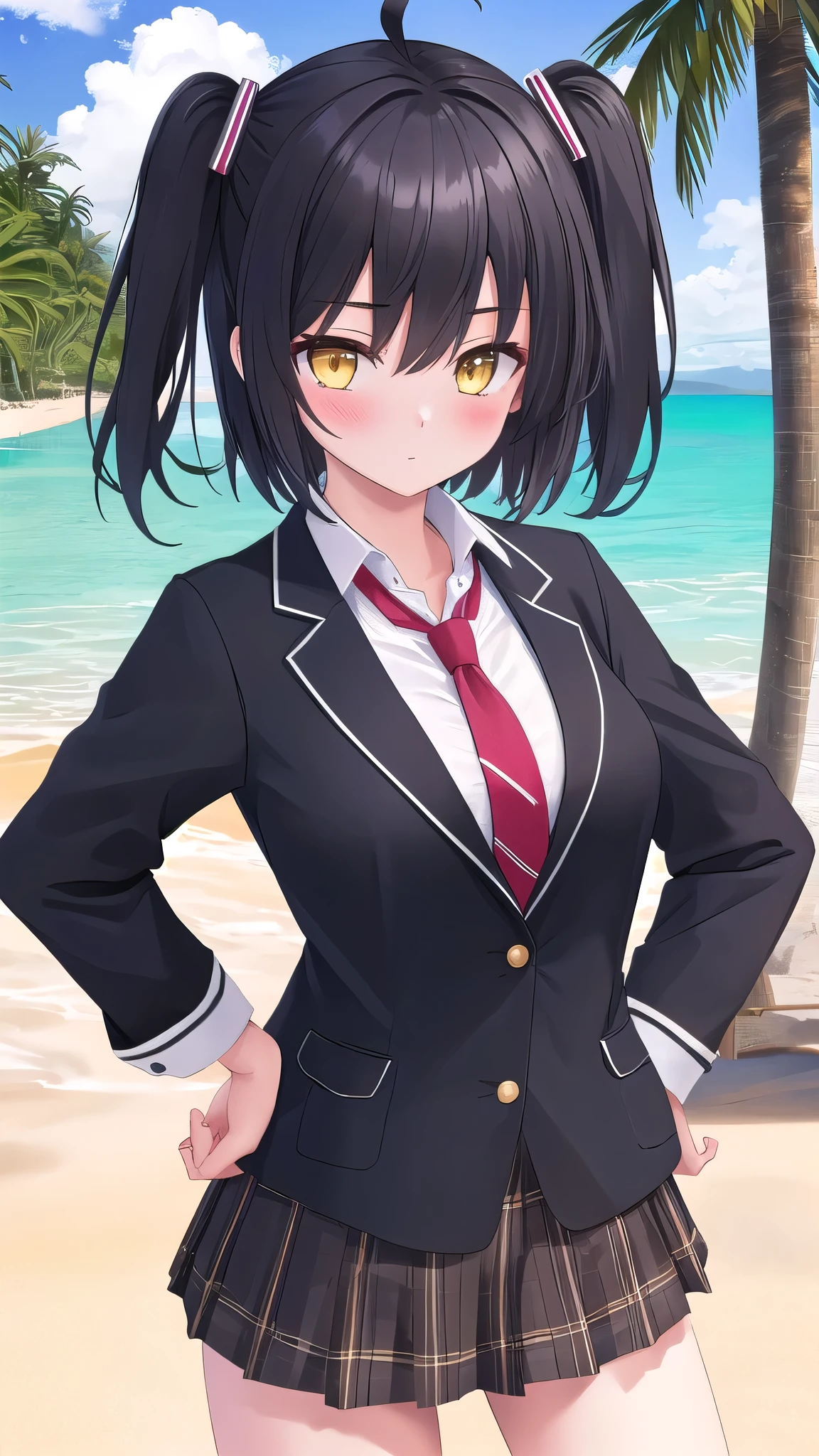 (masterpiece), highest quality, high resolution, 1girl, black hair, yellow eyes, gradient hair, short hair, two side up, ahoge, sexy pose, hands on own hips, beach, BREAK, shorts, red blazer, shirt, necktie, skirt, plaid skirt, blush, 8k, hdr, sharp focus, highest deinition, cgi