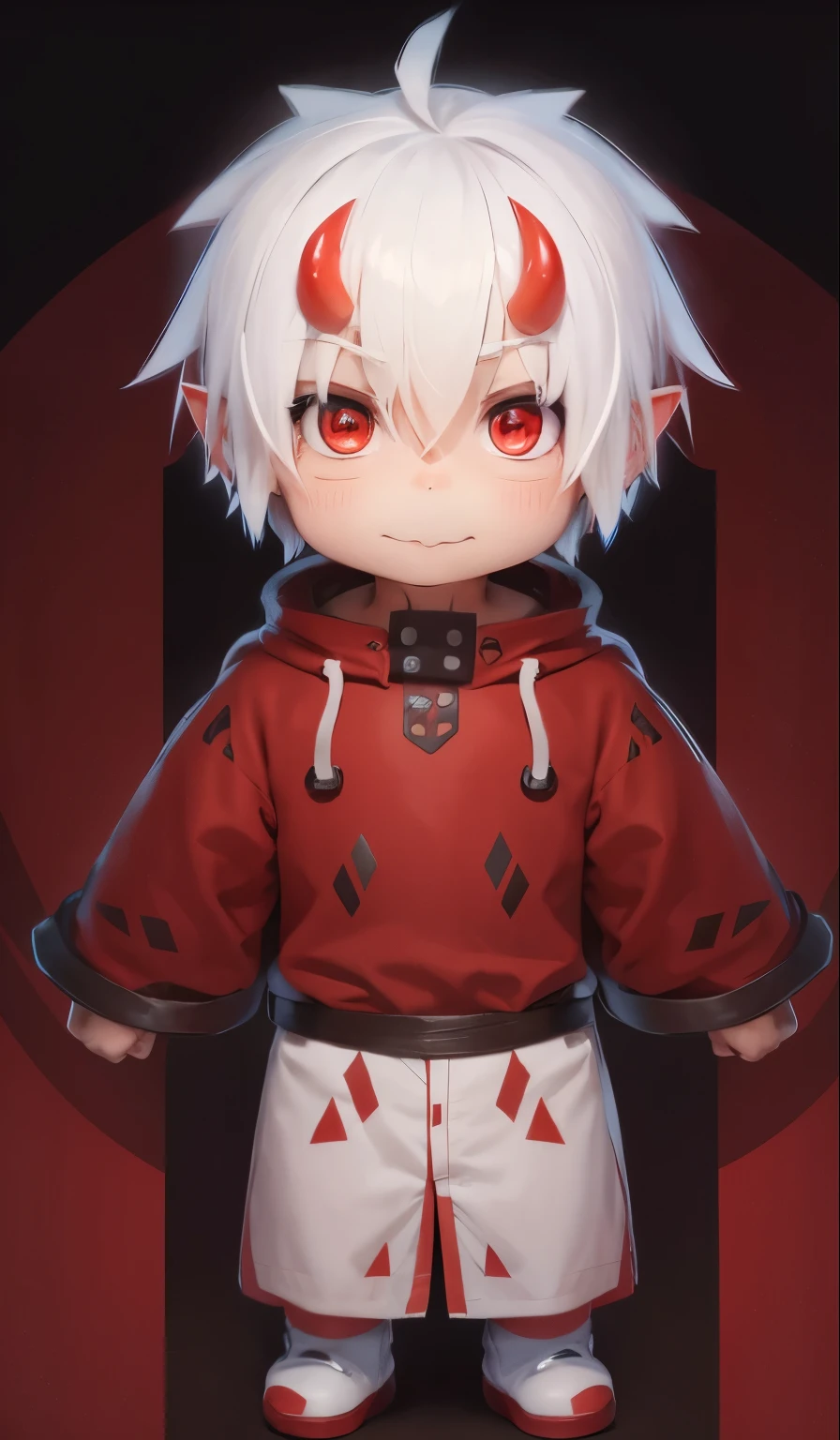 A anime boy, c, white hair, red horns, red eyes, brown clothes and red shoes, shota, oni, demon, pointy ears, best quality, 8k