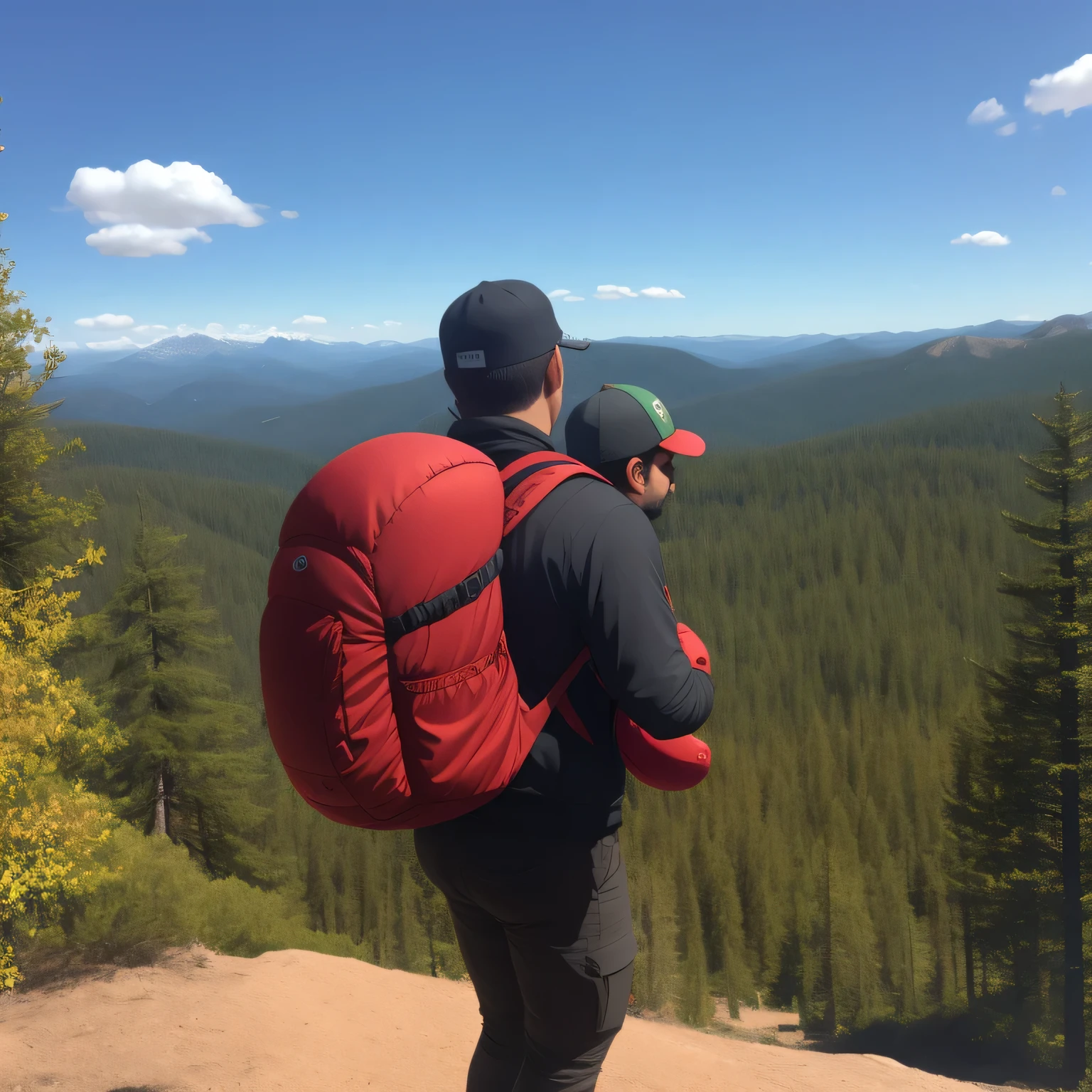 No alto de uma montanha, Ao sol eu com uma mochila de acampamento nas costas com uma bota marrom, black pants and red jacket and green cap