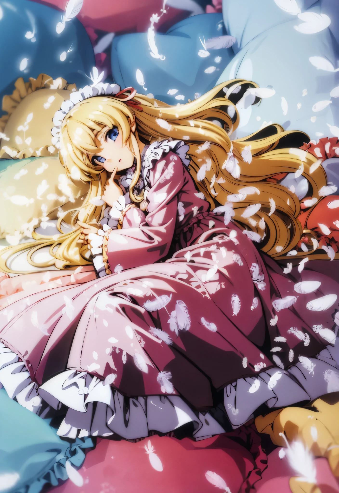 ,highest quality, masterpiece, highest resolution, artwork, super それにget used to it, many get used to it, get used to it, それにget used to it, 3K anime illustration,(( old girl)),Super detailed baby face,high quality small face,long blonde hair that grows to the waist,blue eyes,白い肌のeuropean,pajamas, european,(((super long blonde hair))),curly hair,blue eyes,((((ピンクのロリータファッションのlong skirtのワンピースドレス)))),((Pink dress with lots of frills and ribbons)),((Luxurious headdress with frills and ribbons)),detailed headdress,,(((big yoke collar))),Yoke collar with ruffles and ribbons,((((long sleeve)))),ruffle sleeves,((((long skirt)))),white ruffle and lace socks,large frill and ribbon pillow,detailed costume,many frilly pillows on the bed,super detailed background,detailed bed,romantic atmosphere,soft ruffle pillow,Beautiful girl illustration,detailed beautiful face detailed hair,detailed human eye ,detailed mouth, arm details,fine hands,detailed soft pillow,wide bed,Illustration on the bed,The girl is resting on a pile of soft pillows,surrounded by many pillows,Many small white feathers dance,detailed small white feathers,