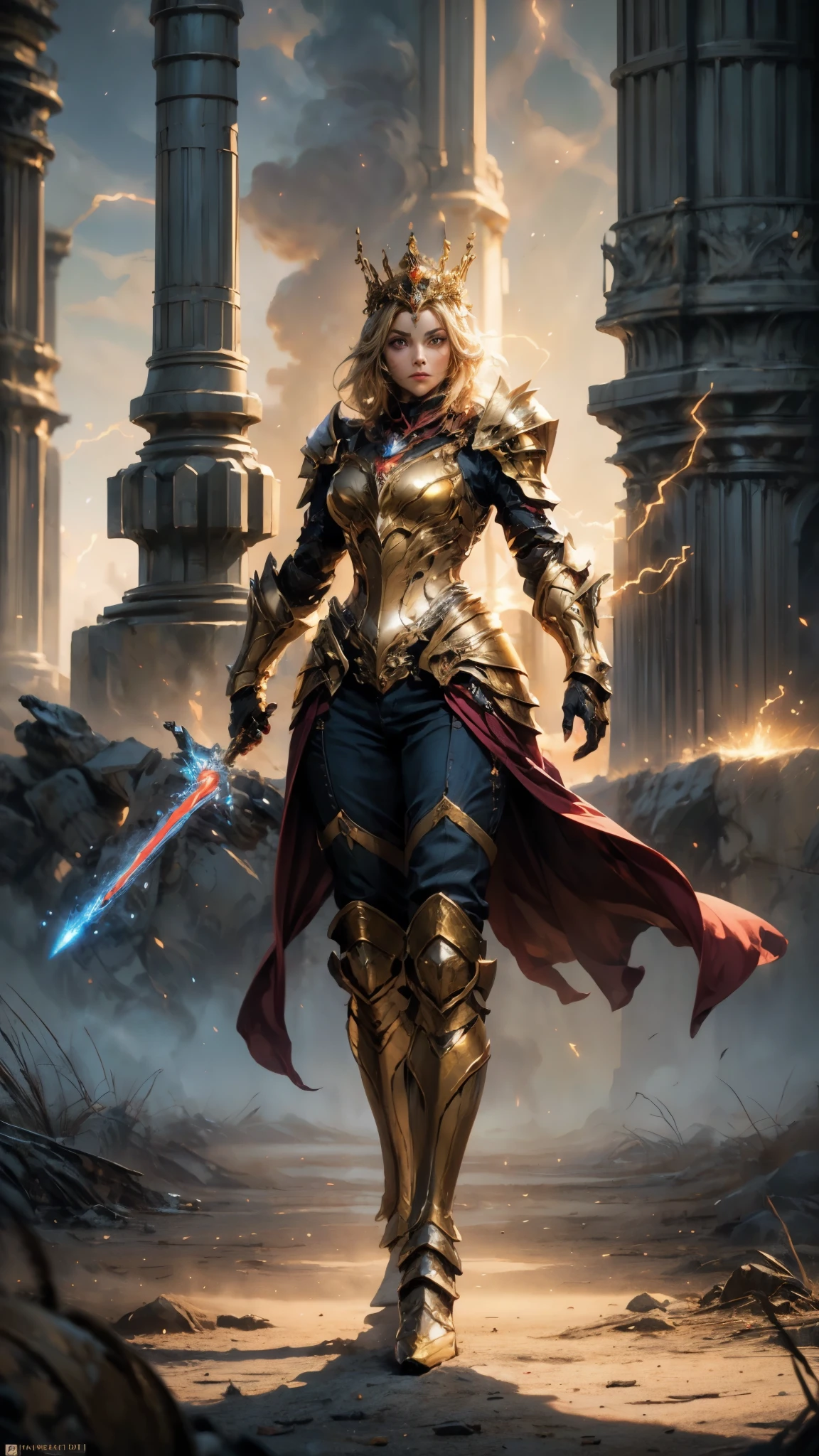 A woman adorned in fantasy-style full-body armor, a crown-concept fully enclosed helmet that unveils only her eyes, a composite layered chest plate, fully encompassing shoulder and hand guards, a lightweight waist armor, form-fitting shin guards, the overall design is heavy-duty yet flexible, ((the armor gleams with a golden glow, complemented by red and blue accents)), exhibiting a noble aura, she floats above a fantasy-surreal high-tech city, this character embodies a finely crafted fantasy-surreal style armored hero in anime style, exquisite and mature manga art style, (mixture of Queen bee and Spider concept Armor, plasma, blood), ((Element, energy, elegant, goddess, femminine:1.5)), metallic, high definition, best quality, highres, ultra-detailed, ultra-fine painting, extremely delicate, professional, anatomically correct, symmetrical face, extremely detailed eyes and face, high quality eyes, creativity, RAW photo, UHD, 32k, Natural light, cinematic lighting, masterpiece-anatomy-perfect, masterpiece:1.5