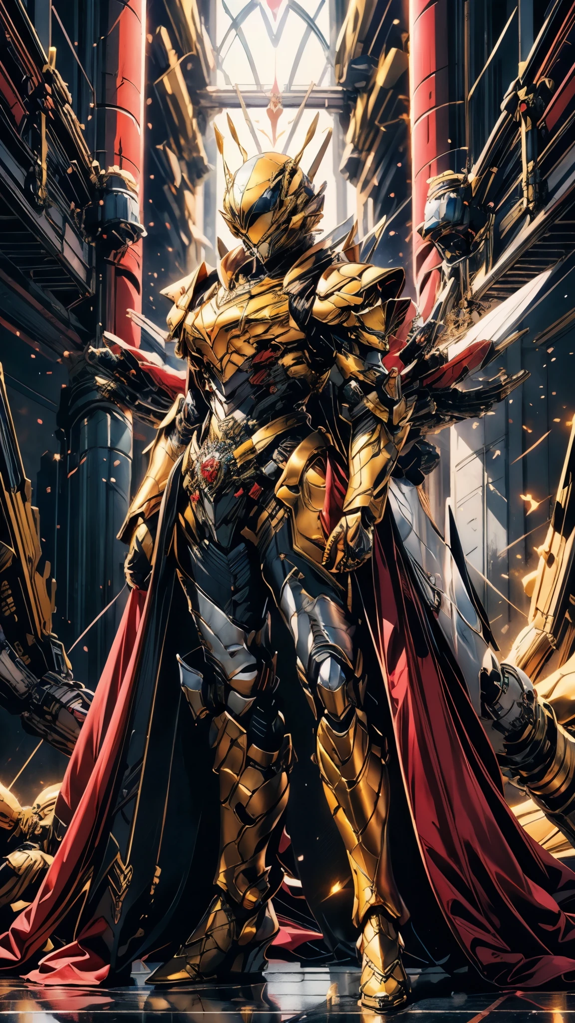 A woman adorned in fantasy-style full-body armor, a crown-concept fully enclosed helmet that unveils only her eyes, a composite layered chest plate, fully encompassing shoulder and hand guards, a lightweight waist armor, form-fitting shin guards, the overall design is heavy-duty yet flexible, ((the armor gleams with a golden glow, complemented by red and blue accents)), exhibiting a noble aura, she floats above a fantasy-surreal high-tech city, this character embodies a finely crafted fantasy-surreal style armored hero in anime style, exquisite and mature manga art style, (mixture of Queen bee and Spider concept Armor, plasma, blood), ((Element, energy, elegant, goddess, femminine:1.5)), metallic, high definition, best quality, highres, ultra-detailed, ultra-fine painting, extremely delicate, professional, anatomically correct, symmetrical face, extremely detailed eyes and face, high quality eyes, creativity, RAW photo, UHD, 32k, Natural light, cinematic lighting, masterpiece-anatomy-perfect, masterpiece:1.5