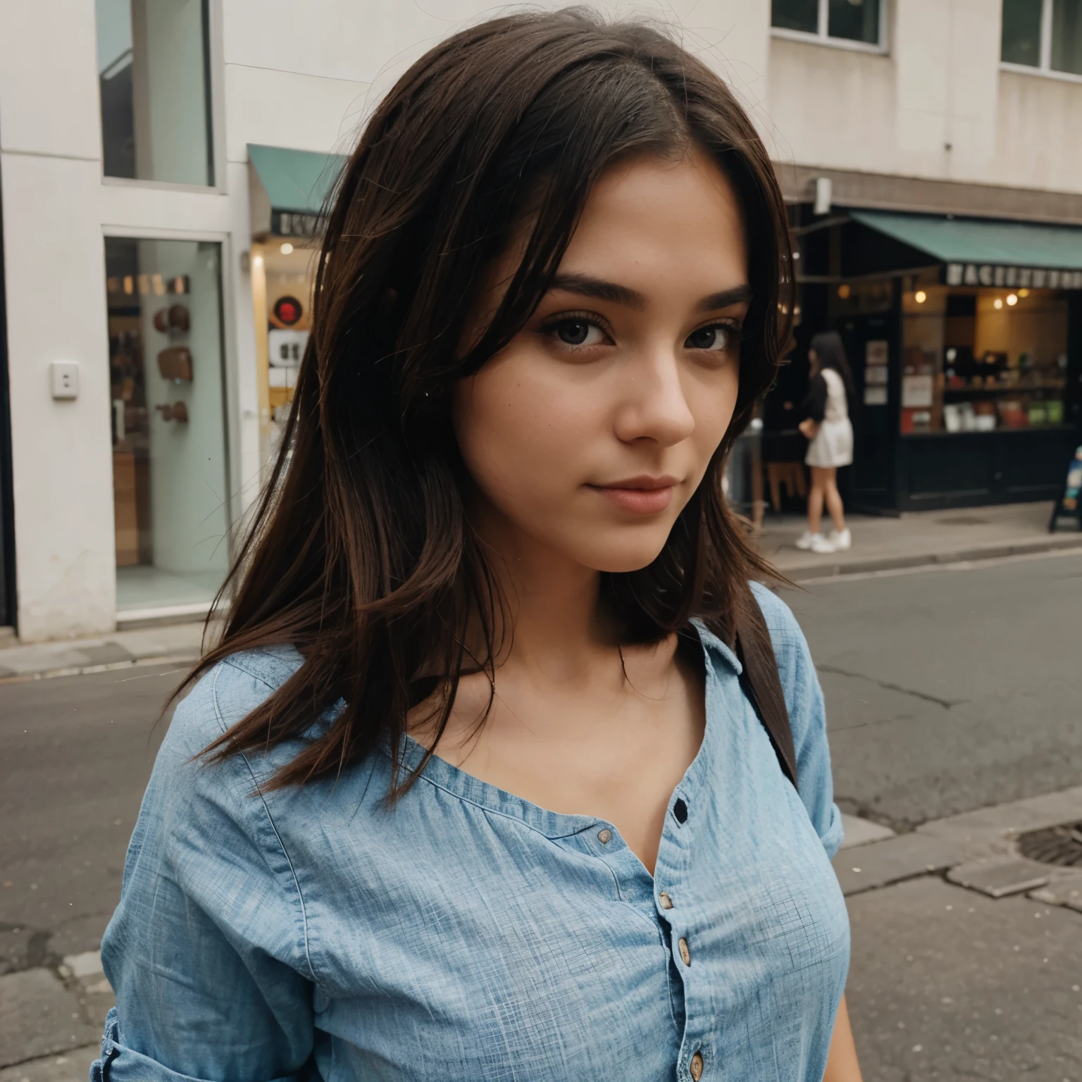 Foto de uma mulher morena de 20 anos, que tem um rosto muito natural,  labios finos, olhos finos, sobrancelhas finas, nariz fino, brincos, long eyelashes. Ela faz uma foto fofa   nas ruas de Paris,  andando e olhando para o espectador de corpo inteiro ,  com roupas pretas e rosa 🌹 