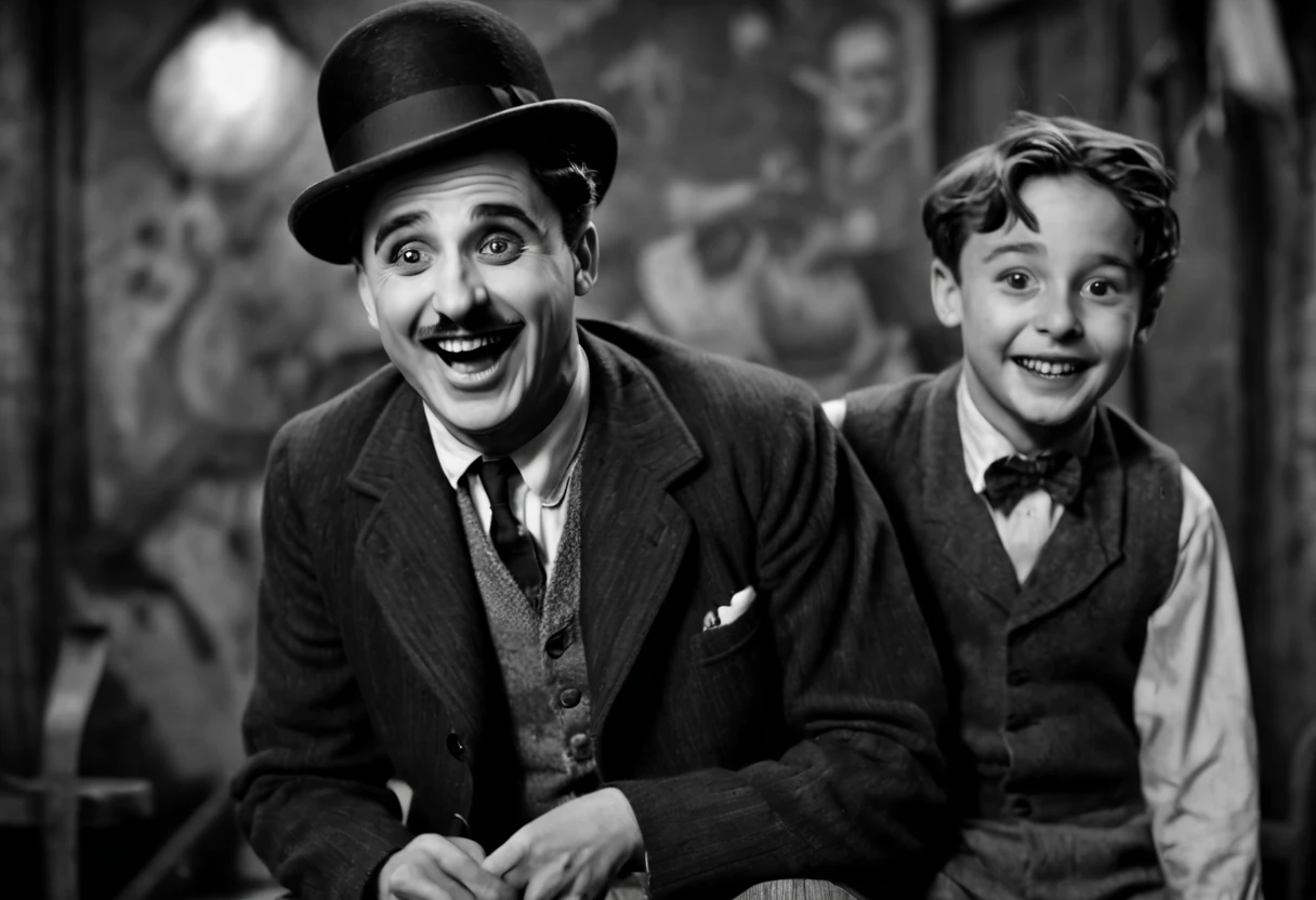 best quality,4k,8k,highres,masterpiece:1.2,ultra-detailed,realistic:1.37,Charlie Chaplin,black and white,classic film,cinematic,motion picture,great detail,charming face,detailed eyes and face,comical,humorous antics,silent film,slapstick comedy,historical masterpiece,iconic character,bowler hat,cane,baggy pants,mischievous smile,expressive eyebrows,funny facial expressions,charismatic,slightly chubby,playful,boots,retro,vintage setting,old-fashioned,1920s,fun and entertaining,charming background music,crowd scene,bustling city street,humorous situations,lively atmosphere,comedy genius,genius comic timing,master of physical comedy.